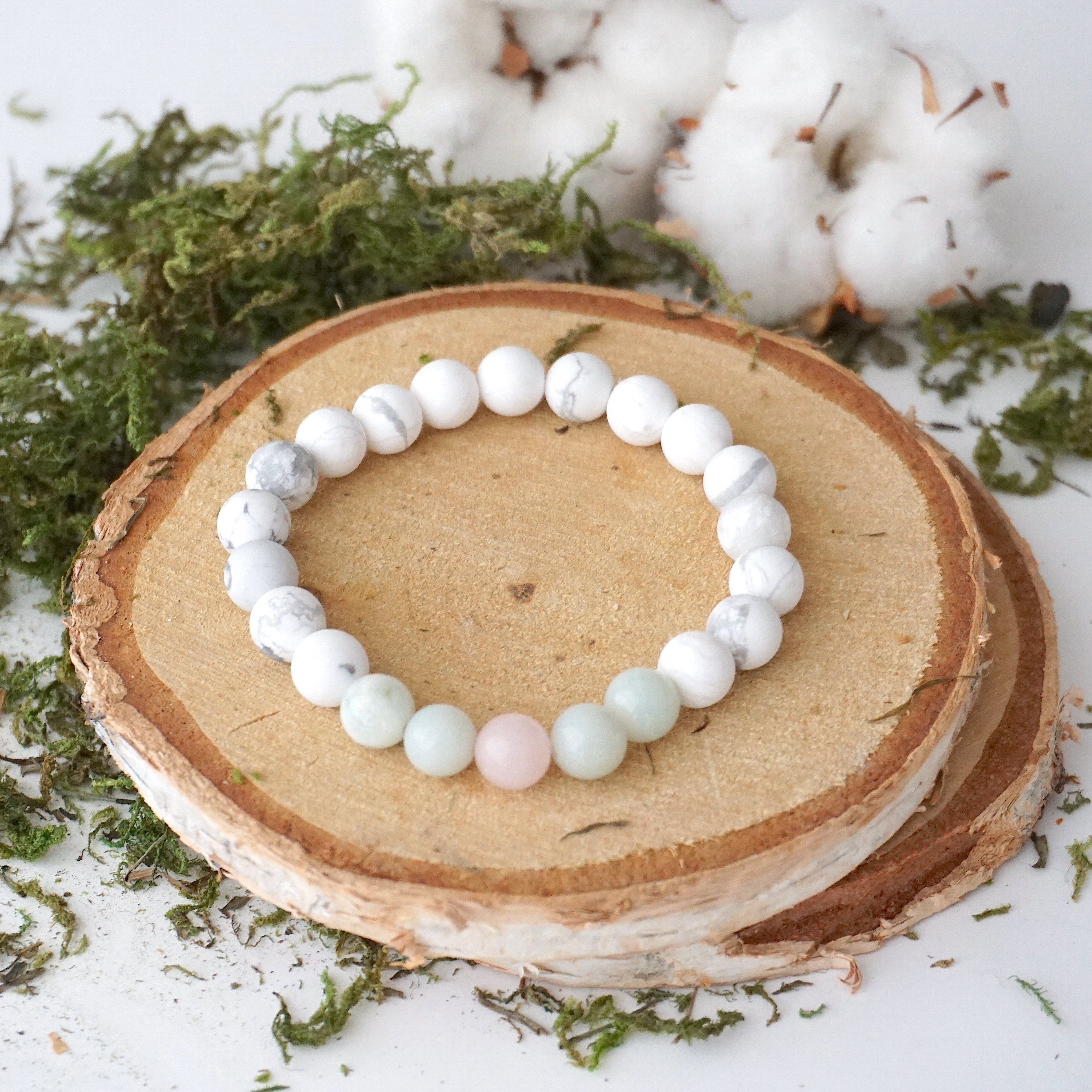 White Howlite Healing Crystal Mala Bracelet with Amazonite & Rose Quartz - Meditation, Yoga & Spiritual Balance Jewelry for Women
