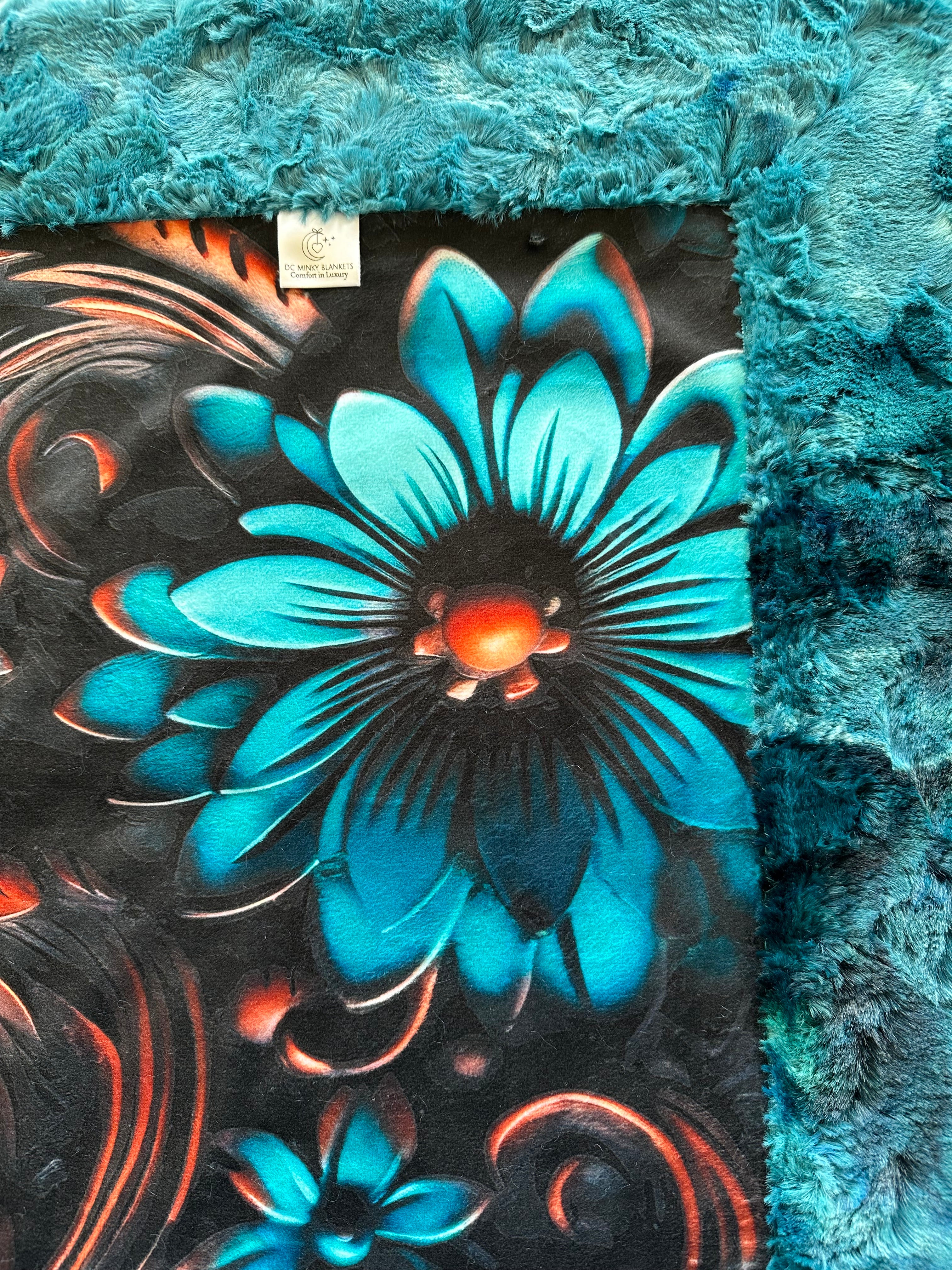 Hand-Tooled Leather Turquoise Floral Design Luxury Minky Blanket 55x79 Inches - Soft Large Throw Blanket for Bed, Sofa & Home Decor