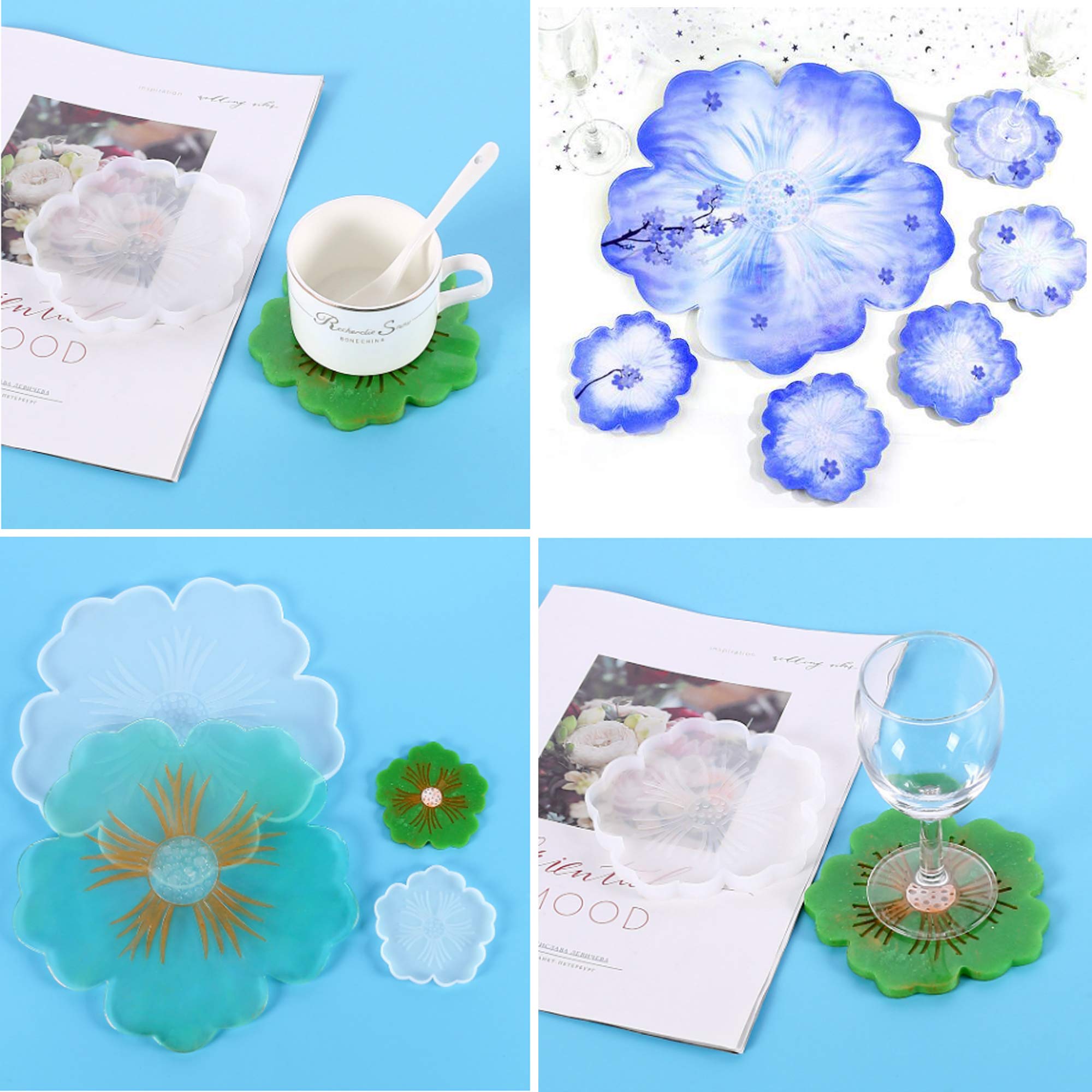Large Silicone Flower Resin Coaster Molds Kit - 6pcs DIY Epoxy Resin Casting Trays for Agate Coasters, Home Decor & Craft Projects - Perfect for Wedding Favors, Gifts & Table Decorations