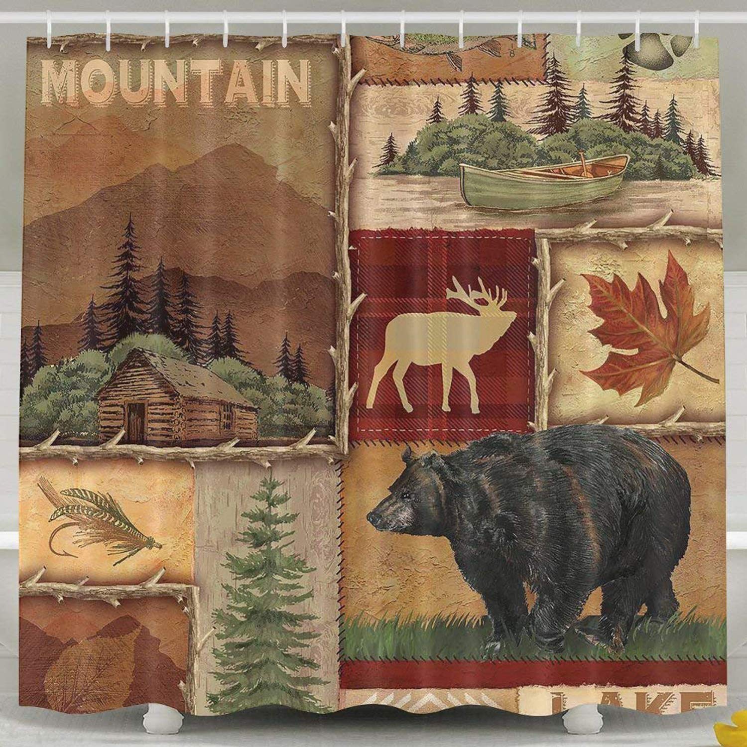 JOOCAR Farmhouse Shower Curtain - Maple Leaf Bear Moose Deer Country Style Waterproof Fabric Bathroom Decor for Rustic Cabin, Lodge & Country Home Bathrooms