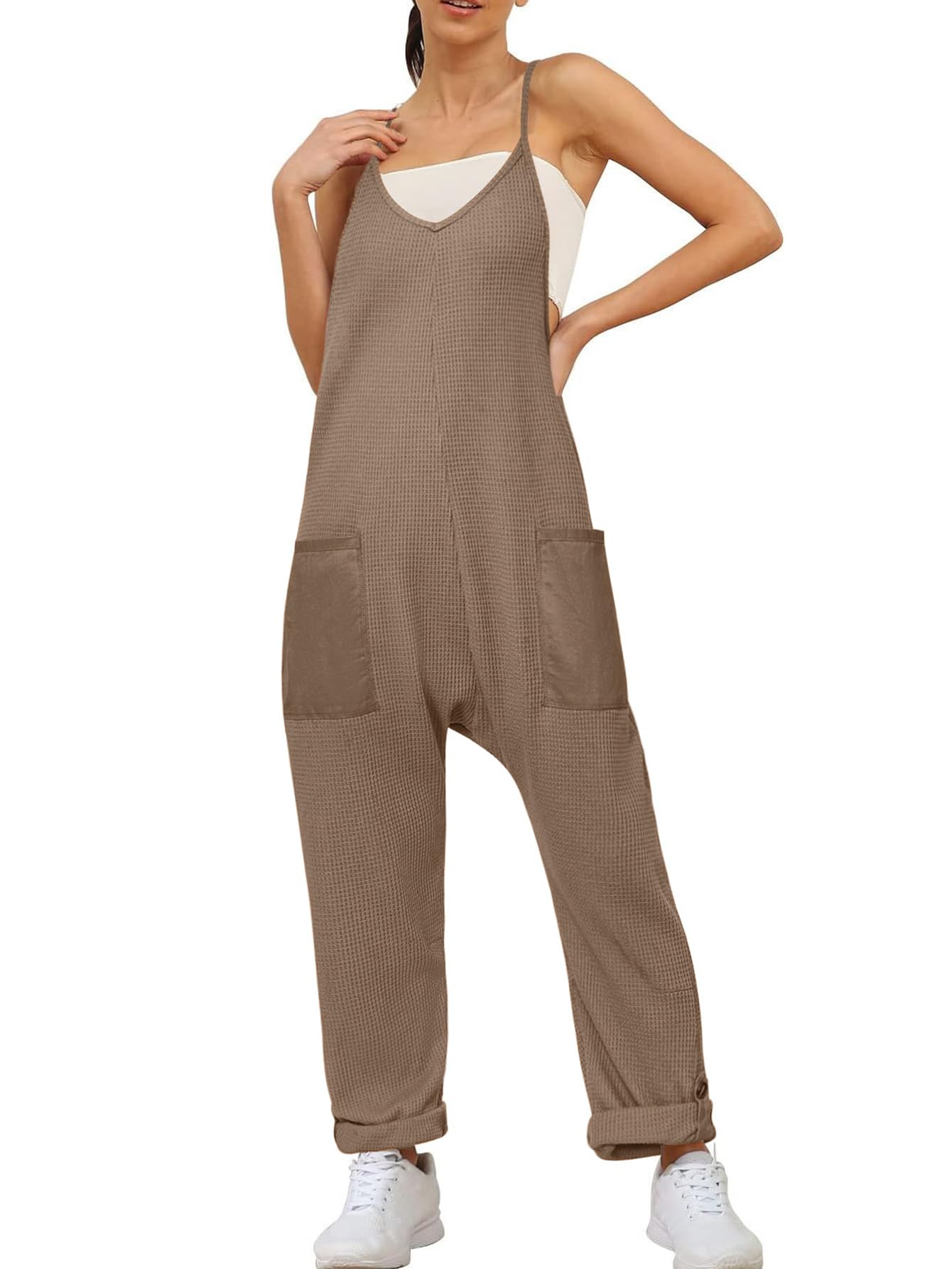 Glamaker Women's Casual Waffle Knit Jumpsuit - Loose Spaghetti Strap Overalls, Baggy Sleeveless Maternity Romper for Summer Outfits & Beach Wear