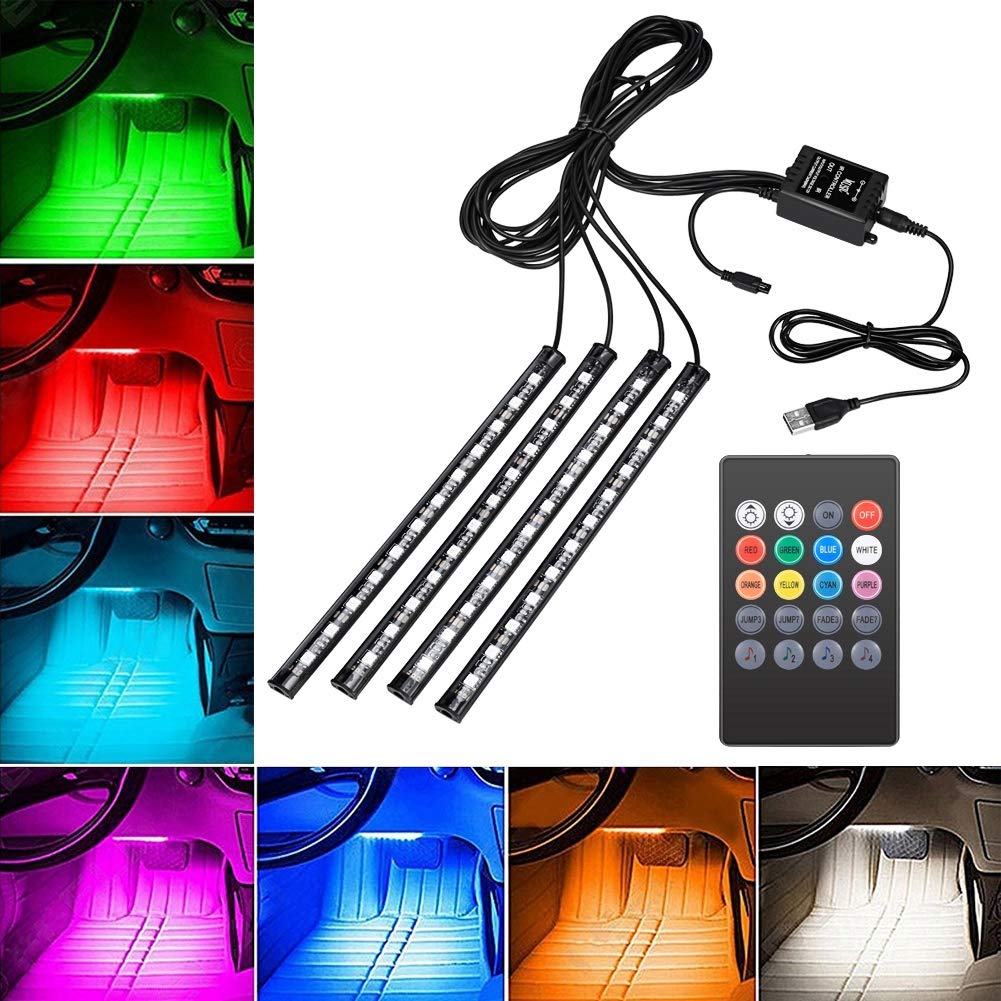 4pcs Car LED Strip Lights with 8 Monochrome Modes & Remote Control - USB Interior Underdash Lighting Kit for Cars, Trucks, SUVs - Perfect for Night Driving, Car Shows & Custom Vehicle Decor