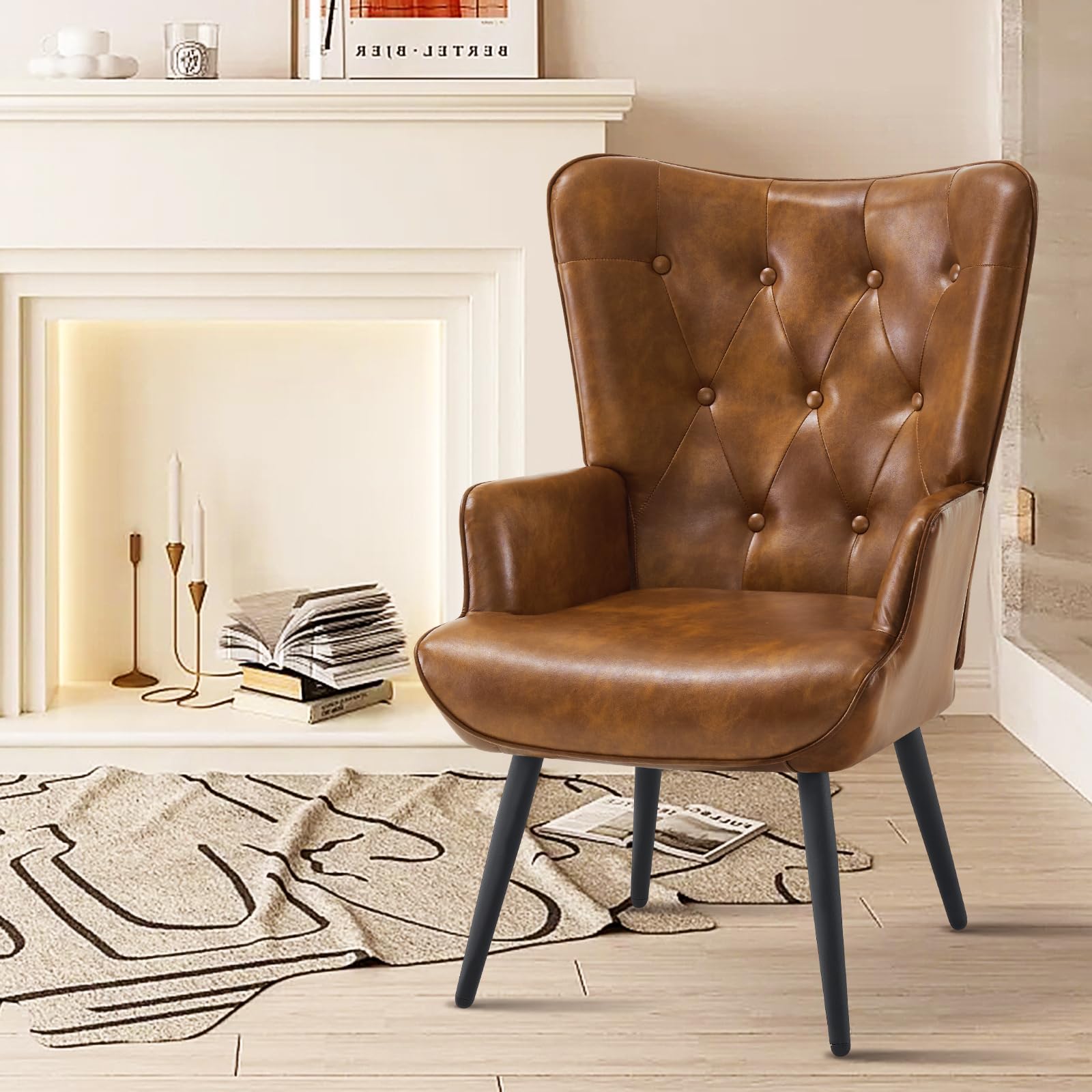 Furnimart Mid Century Modern Faux Leather Accent Chair - Comfy PU Armchair for Living Room, Office, Study, Bedroom & Waiting Room - Yellow Brown Wingback Leisure Chair | Perfect for Home Decor, Guest Seating & Vanity Areas