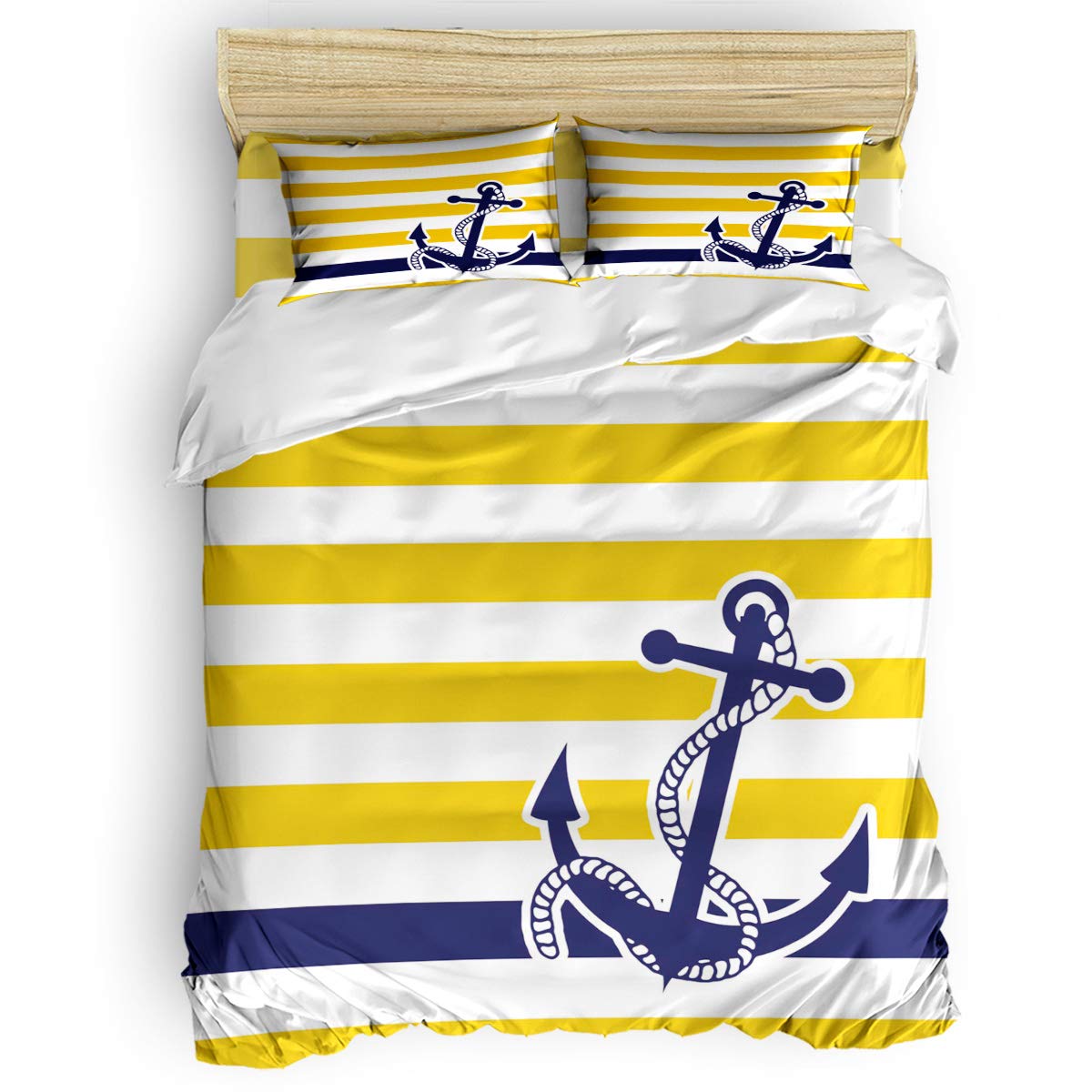 Navy Blue Nautical Anchor Duvet Cover Queen Size Set - 4 Piece Modern Bedding with Yellow & White Stripes, Zipper Closure & Ties | Soft Comforter Cover for Men, Women & Kids | Perfect for Coastal, Nautical or Beach Themed Bedrooms