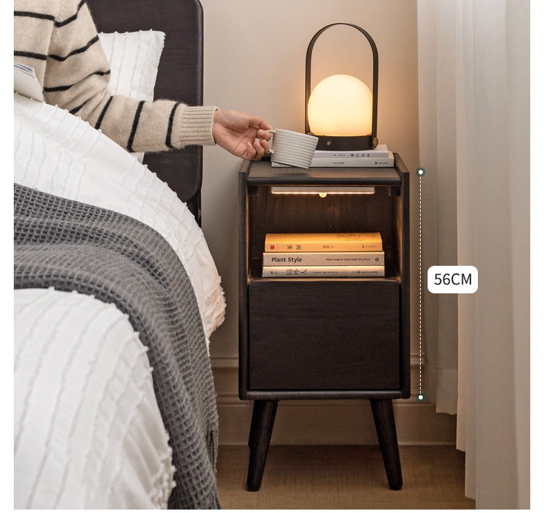 Solid Oak Wood Ultra Narrow Nightstand with Soft Light Sensor - Perfect for Small Bedrooms, Apartments, and Cozy Spaces