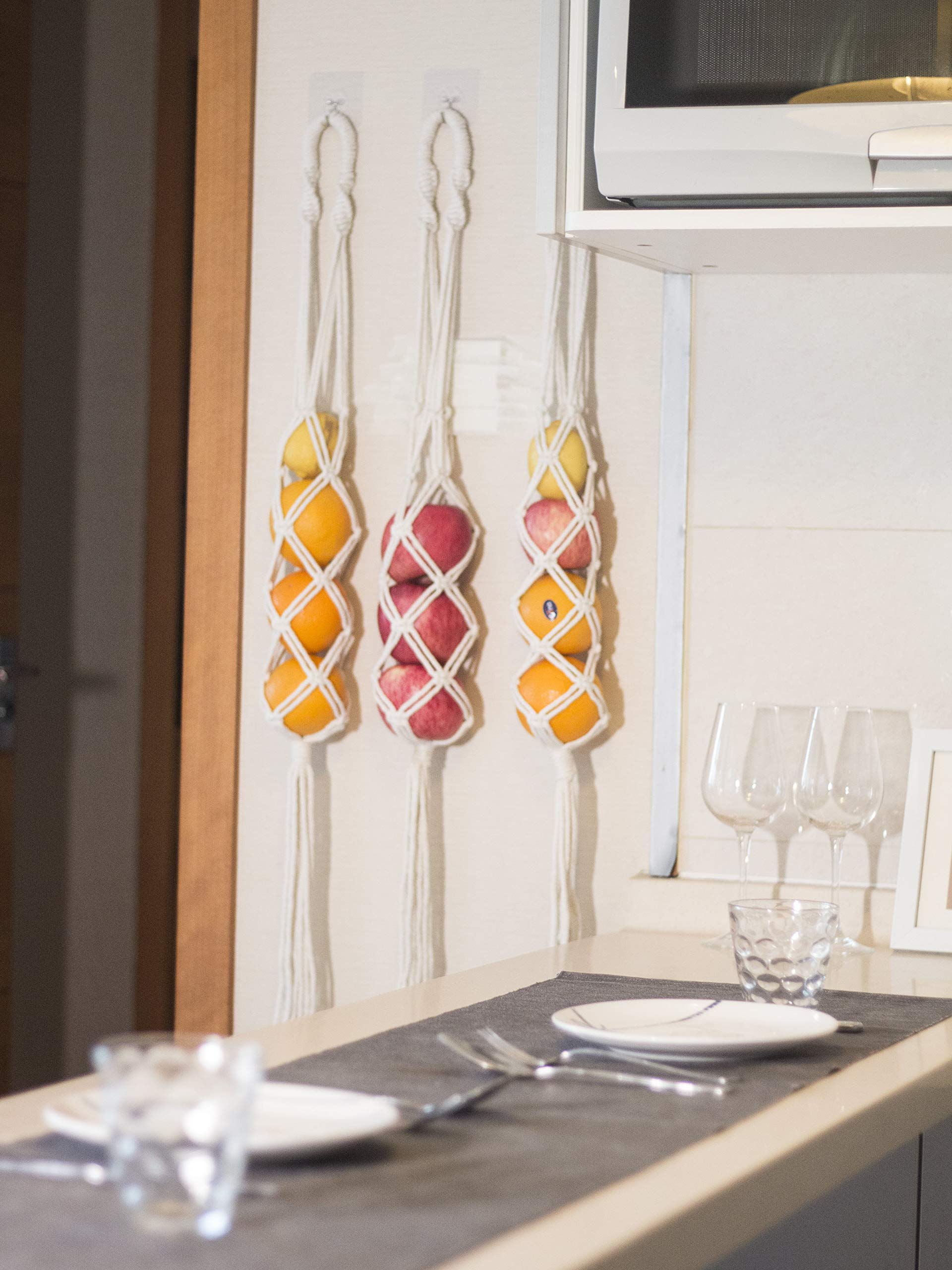 Decocove Macrame Hanging Fruit Basket Set of 3 - Boho Kitchen Storage for Potatoes, Onions & Fruits - Handwoven Wall Decor for Farmhouse, Apartment & Dorm Room - Perfect for Organizing Produce & Adding Boho Chic Style