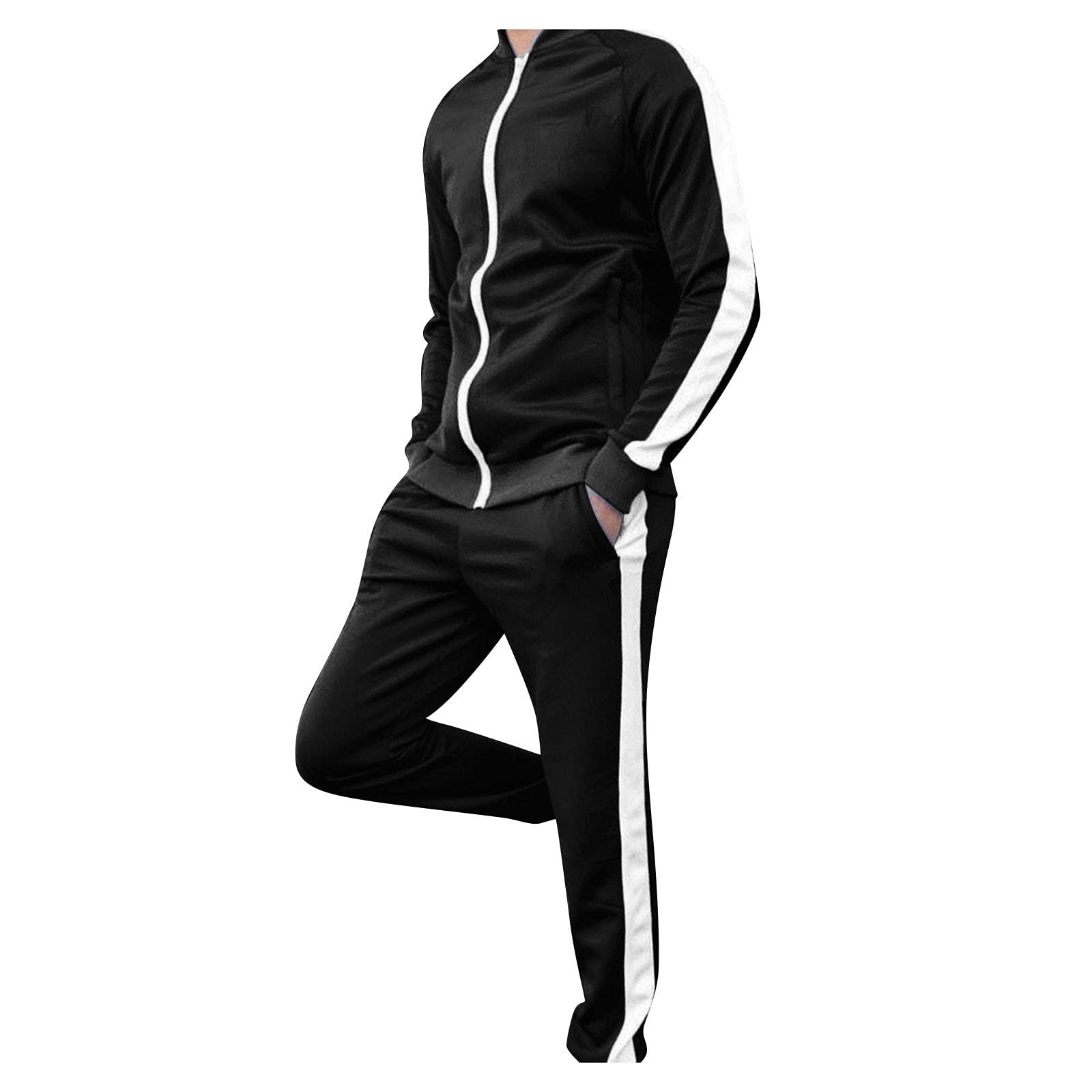 Maqroz Men's Activewear Full Zip Tracksuit Set - Warm 2 Piece Sports Jogging Suit with Pockets, Striped Jacket & Joggers for Gym, Running & Casual Wear | Black