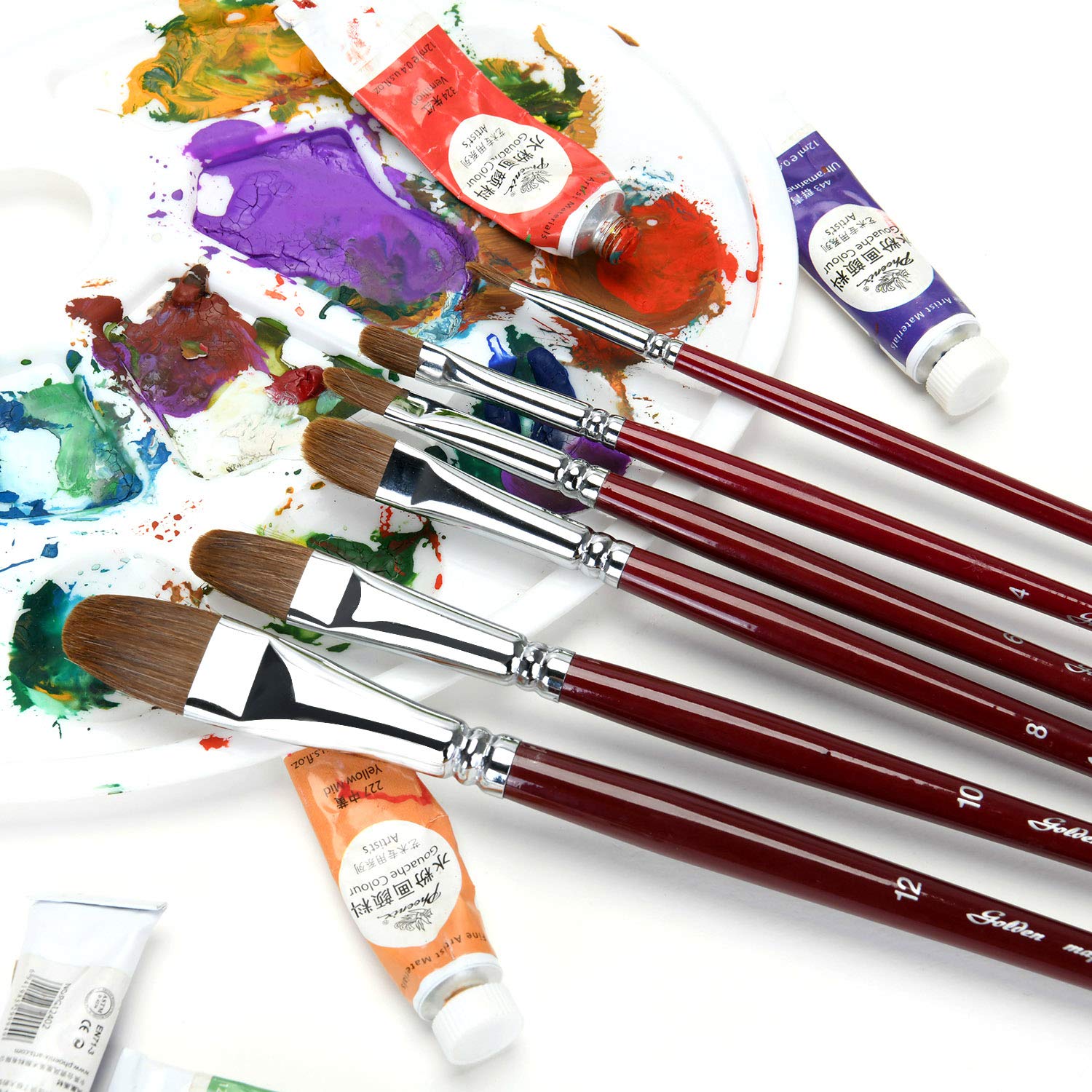 Golden Maple Filbert Paint Brushes Set - 6PC Professional Red Sable Oval Artist Brushes with Long Handle for Watercolor, Acrylic, Tempera & Gouache Painting - Perfect for Canvas, Paper & Wood Art Projects