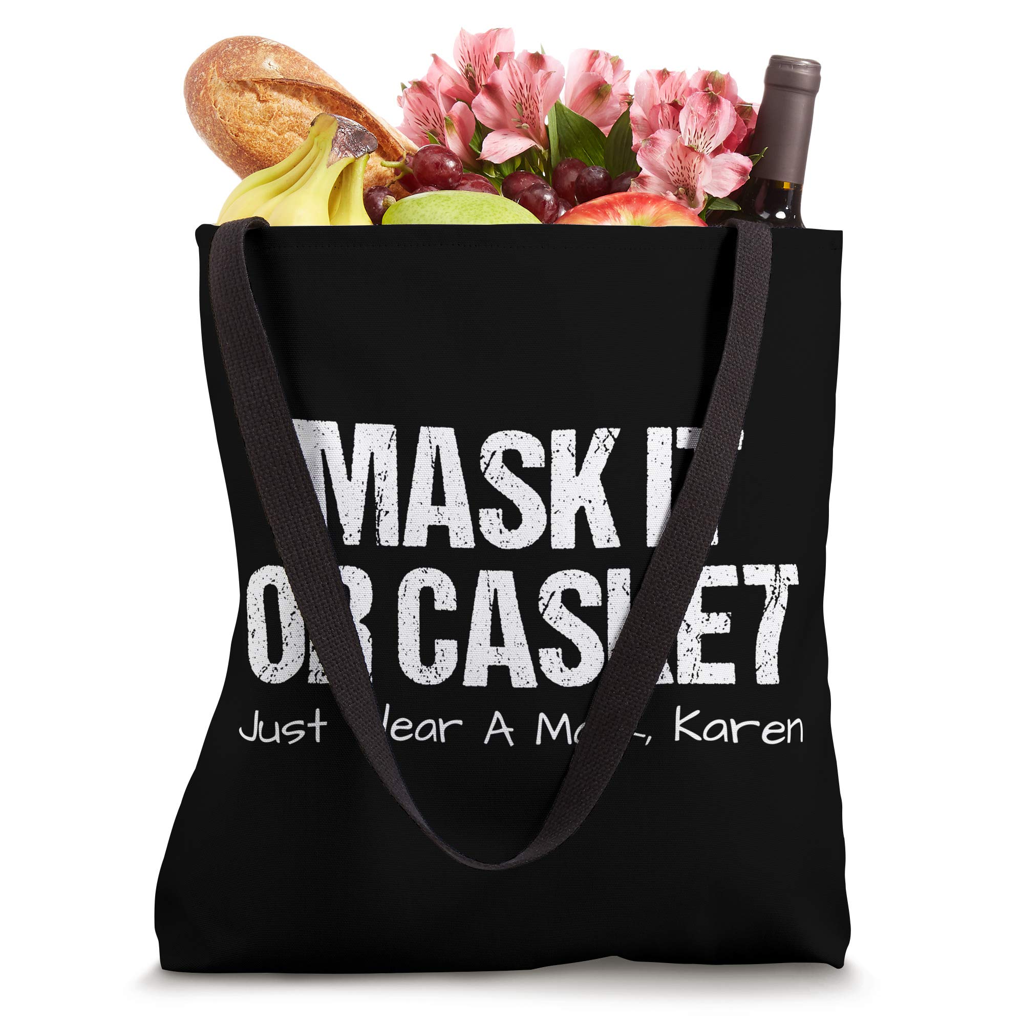 Funny Karen Face Mask Tote Bag - Humorous 'Mask It Or Casket' Design - Perfect for Halloween Costumes, Protest Accessories & Unique Gifts