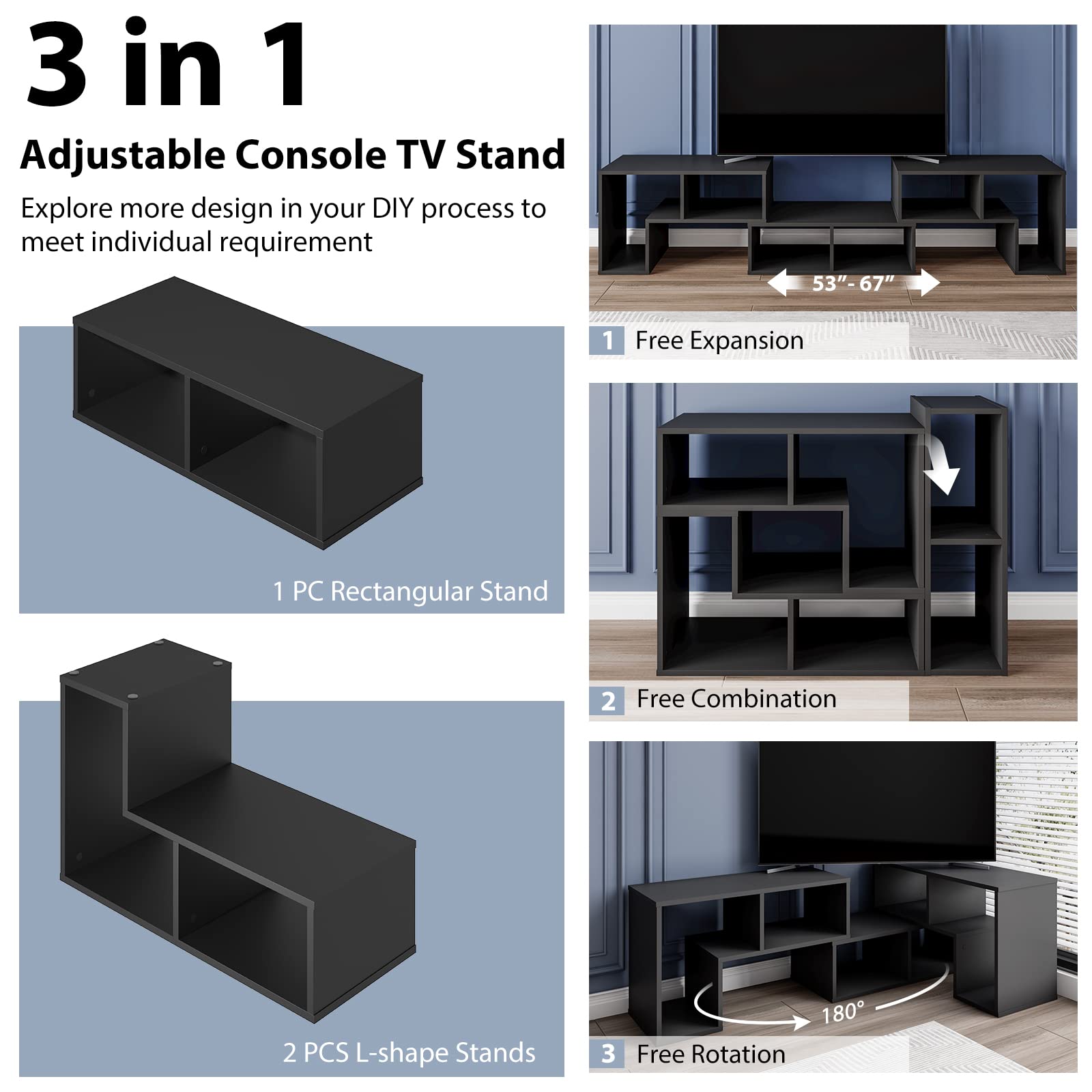 Tangkula 3-Piece Modular TV Stand for 50-65 Inch TVs - Modern Entertainment Center with Open Storage Shelves, DIY Media Console for Living Room, Bedroom & Home Theater (Black)