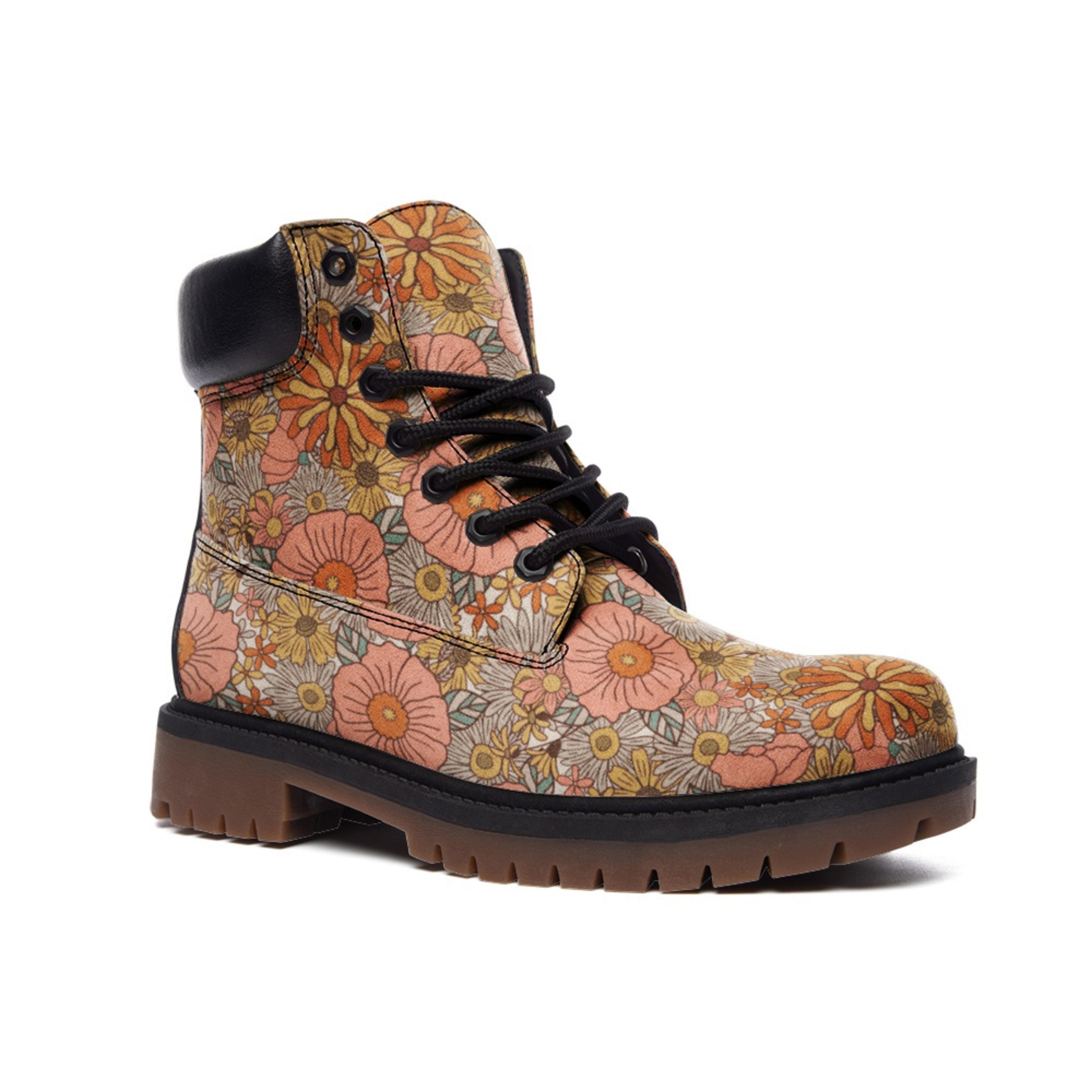Stylish Pink Floral Combat Boots for Women & Men - Faux Leather Chunky Platform Ankle Boots with Cushioned Insole - Perfect for Streetwear, Concerts and Fall Fashion Outfits