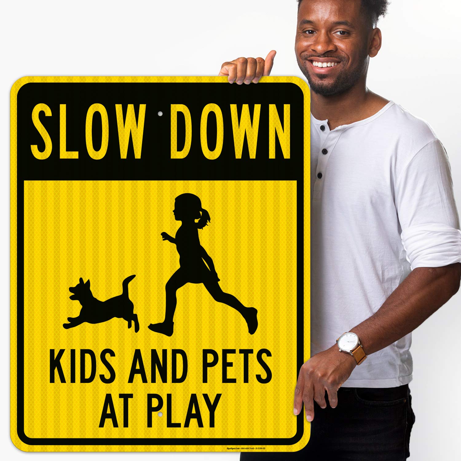 Slow Down Kids and Pets at Play Sign - 24x30 Inches Reflective Aluminum Traffic Warning Sign - 3M EGP Reflective .080 Aluminum, Fade Resistant - Perfect for Neighborhoods, Schools & Play Areas - Indoor/Outdoor Use - Made in USA