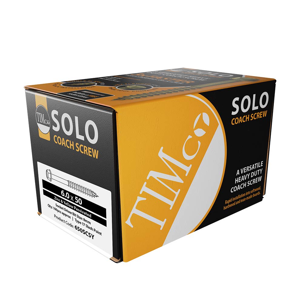 650SCSY 6.0 x 50mm Hex Flange Head Yellow Zinc Solo Coach Screws - Box of 100 - Ideal for Woodworking, Decking & Furniture Assembly