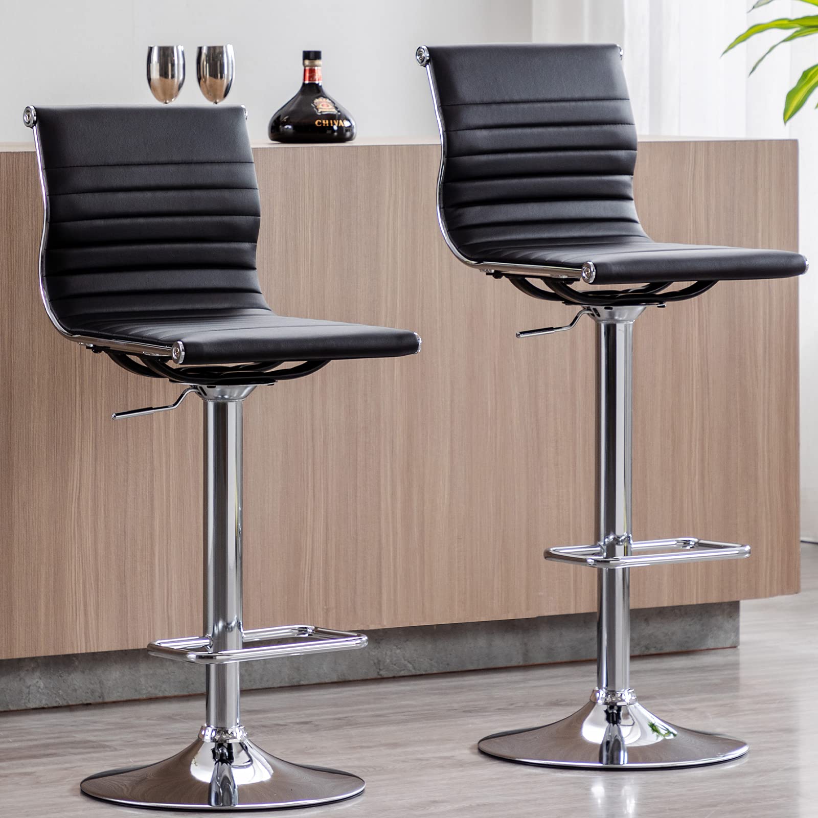 4 Pack Adjustable Height Swivel Bar Stools - Modern Faux Leather Counter Stools with Back Support for Kitchen Island, Breakfast Bar & Dining Room - Perfect for Entertaining & Casual Dining (Black)