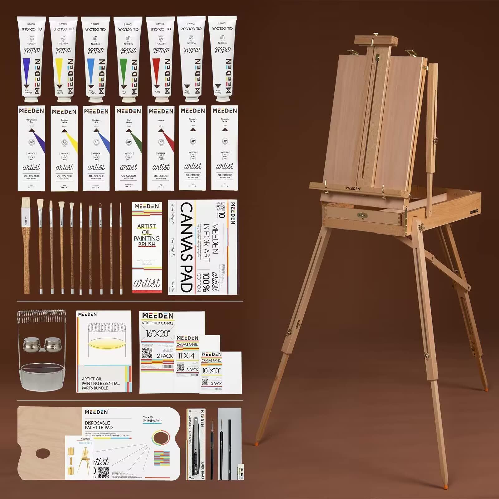MEEDEN Professional Oil Painting Supplies Set - 7×100ml (3.38oz) Oil Paints, Brushes, Canvas Panels & French Easel - Complete Artist Kit for Studio Painting | Perfect Gift for Painters & Art Enthusiasts | Ideal for Home Studio, Art Classes & Creative Projects