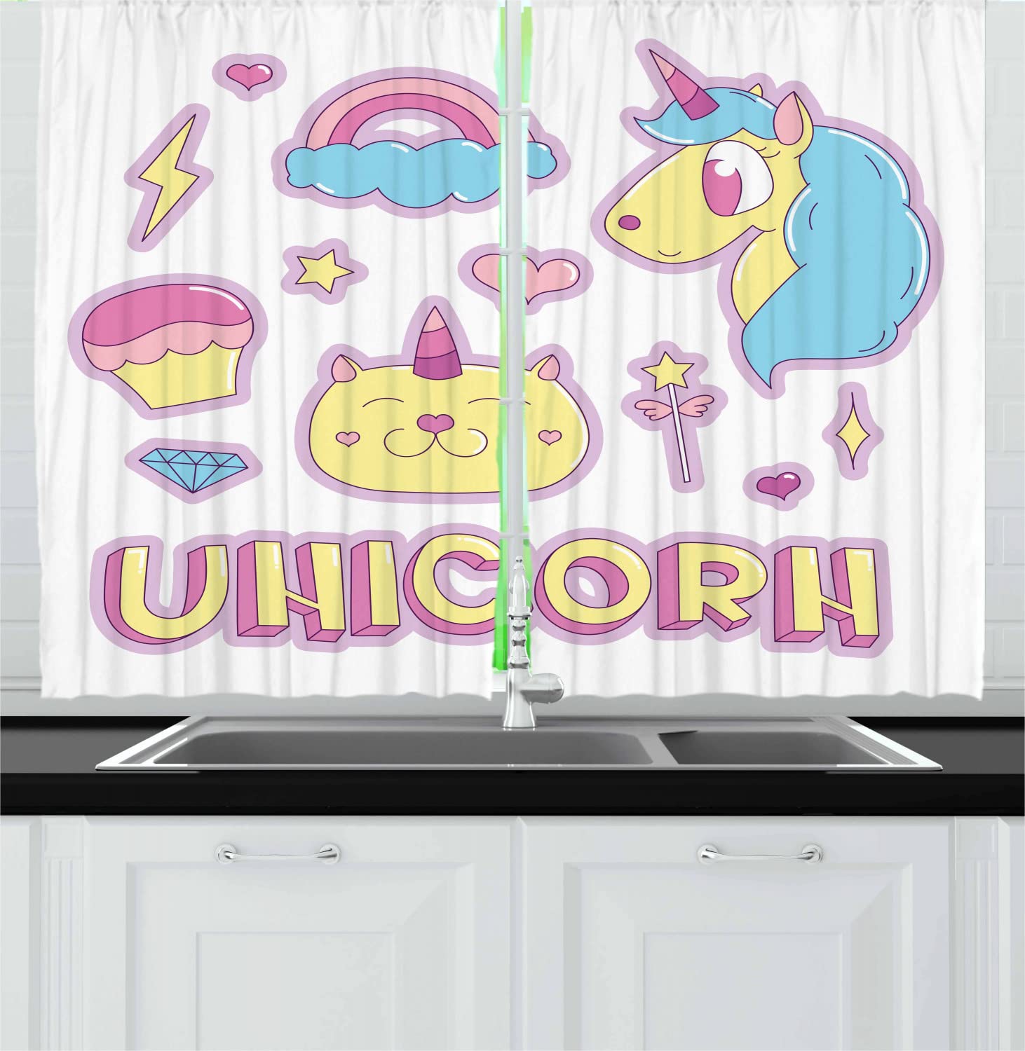 Ambesonne Unicorn Cat Kitchen Curtains - Whimsical Magic Horse Kitten Cupcake Rainbow Design - 2 Panel Rod Pocket Drapes for Windows 55