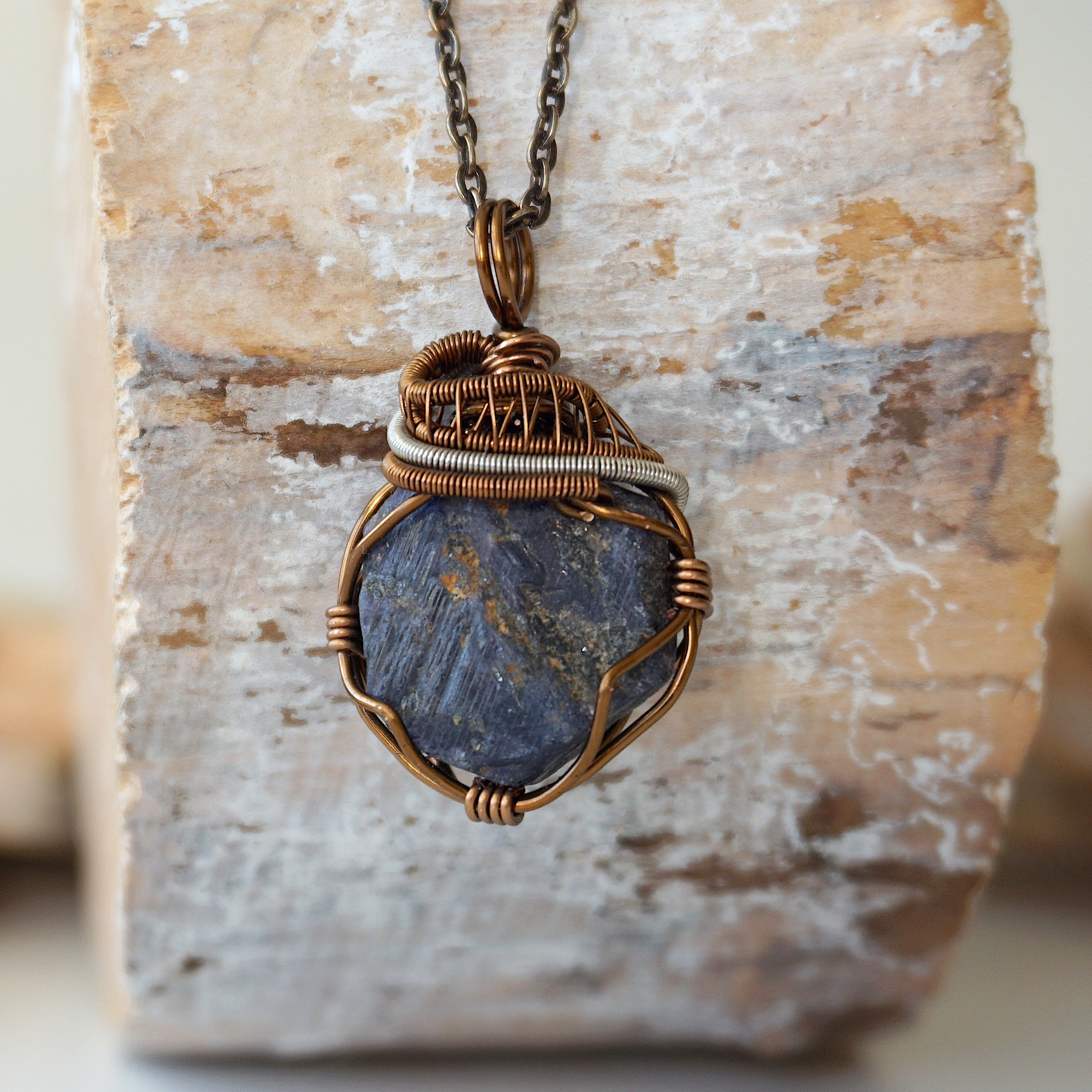 Raw Sapphire Necklace - Handcrafted Mixed Wire Antique Bronze Jewelry for Women | Boho Chic Pendant for Everyday Wear & Special Occasions