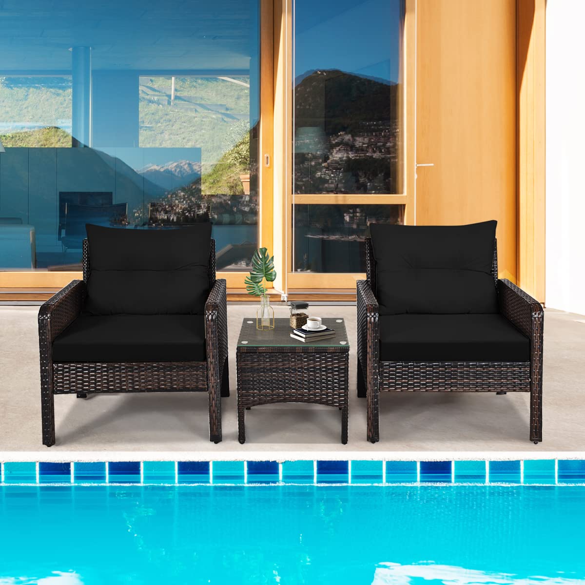 HappyGrill 3-Piece Patio Conversation Set - Outdoor Rattan Wicker Furniture with Coffee Table & Chairs - Perfect for Garden, Balcony, Backyard & Poolside Relaxation