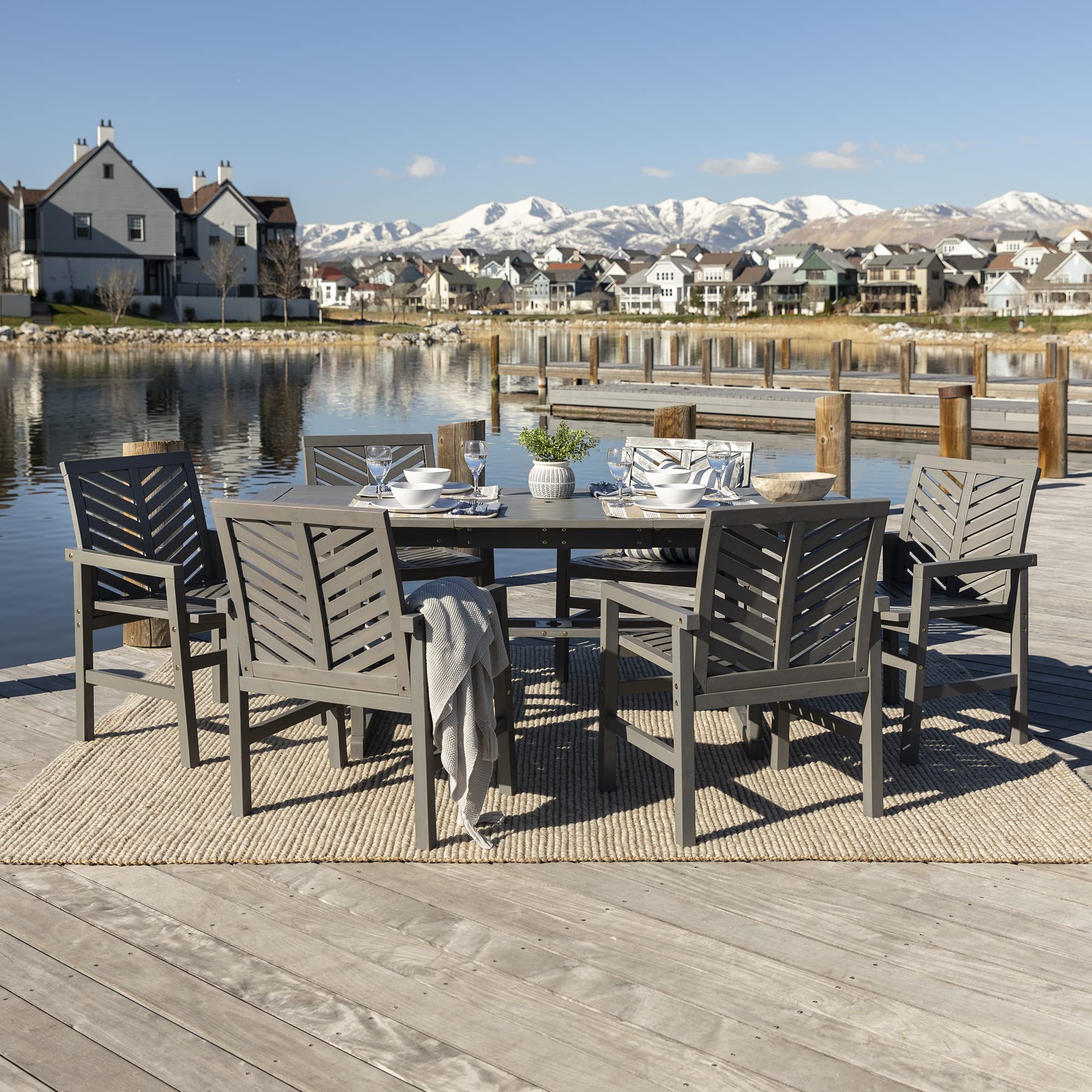 Walker Edison 6-Person Outdoor Dining Set - Extendable Wood Chevron Patio Table & All-Weather Chairs - 7-Piece Grey Furniture for Backyard, Garden, Poolside & Balcony - Perfect for Outdoor Entertaining & Relaxation