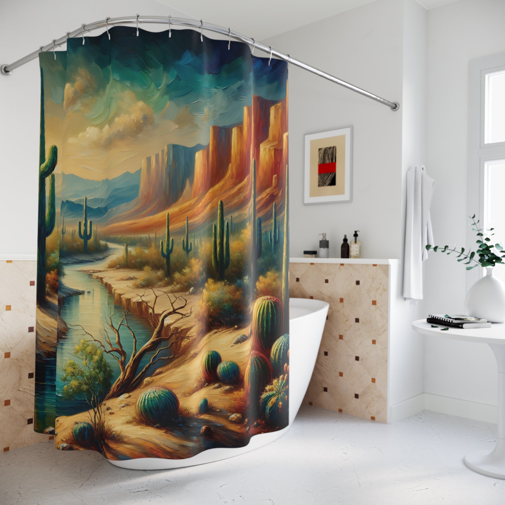 Scenic Mountain River Desert Painting Shower Curtain - Waterproof Polyester Bathroom Decor with Nature Landscape Art - Perfect for Southwest Style Homes & Wilderness Themed Bathrooms