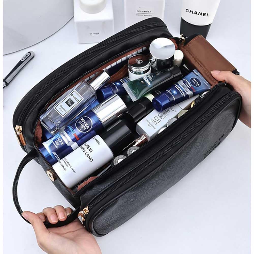 JAF Men's Travel Toiletry Bag - Waterproof Leather Cosmetic Organizer for Men | Compact & Durable Small Travel Bag (Black) | Perfect for Business Trips, Gym & Weekend Getaways