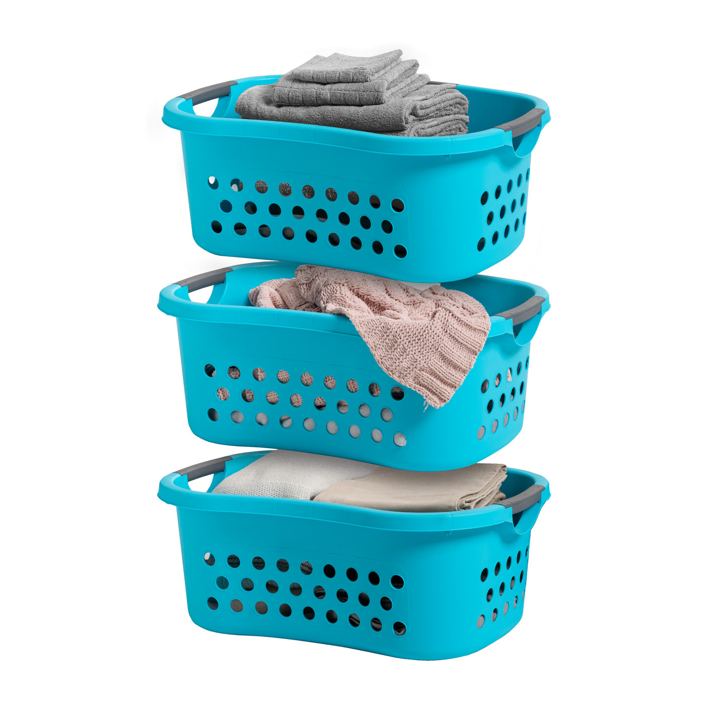 Ergonomic Hip Grip Laundry Basket Set - 3 Pack Large Teal Plastic Laundry Organizer with Comfort Carry Handles & Hip Curve Design - Perfect for Laundry Room, Dorm, Apartment or Closet Organization