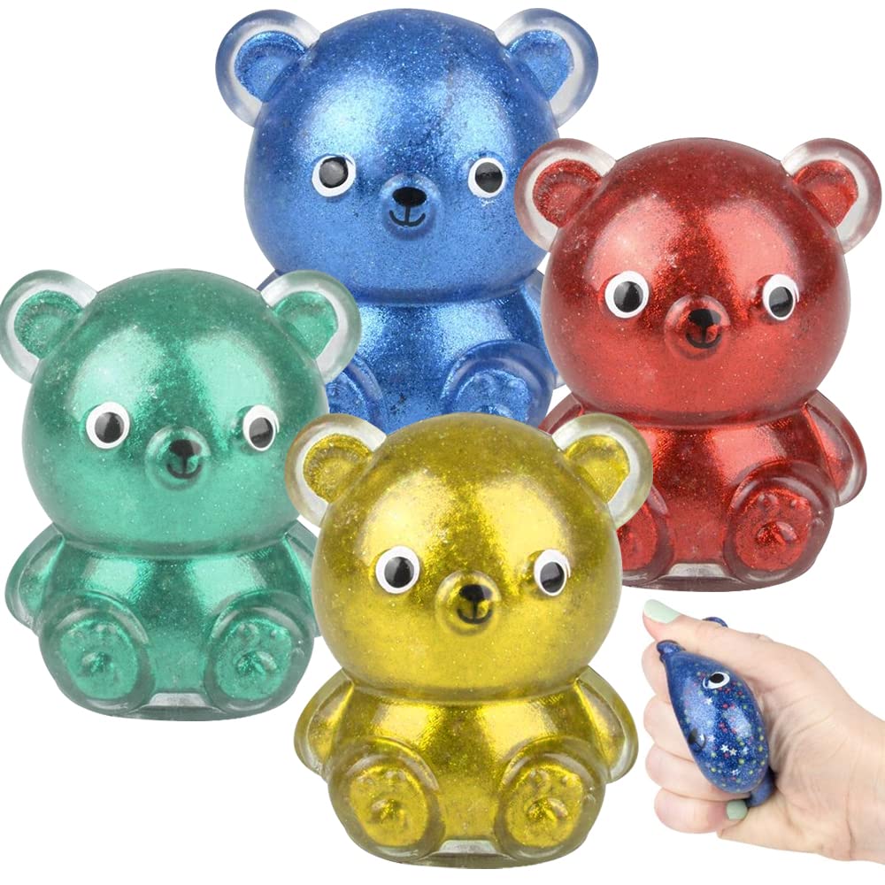 ArtCreativity 4-Pack Glittery Squish Gummy Bear Stress Relief Toys for Kids - Colorful Fidget Sensory Toys for Anxiety, Party Favors, Easter Egg Hunt Fillers & Goodie Bags - Perfect for Classroom Rewards, Birthday Parties and Sensory Play