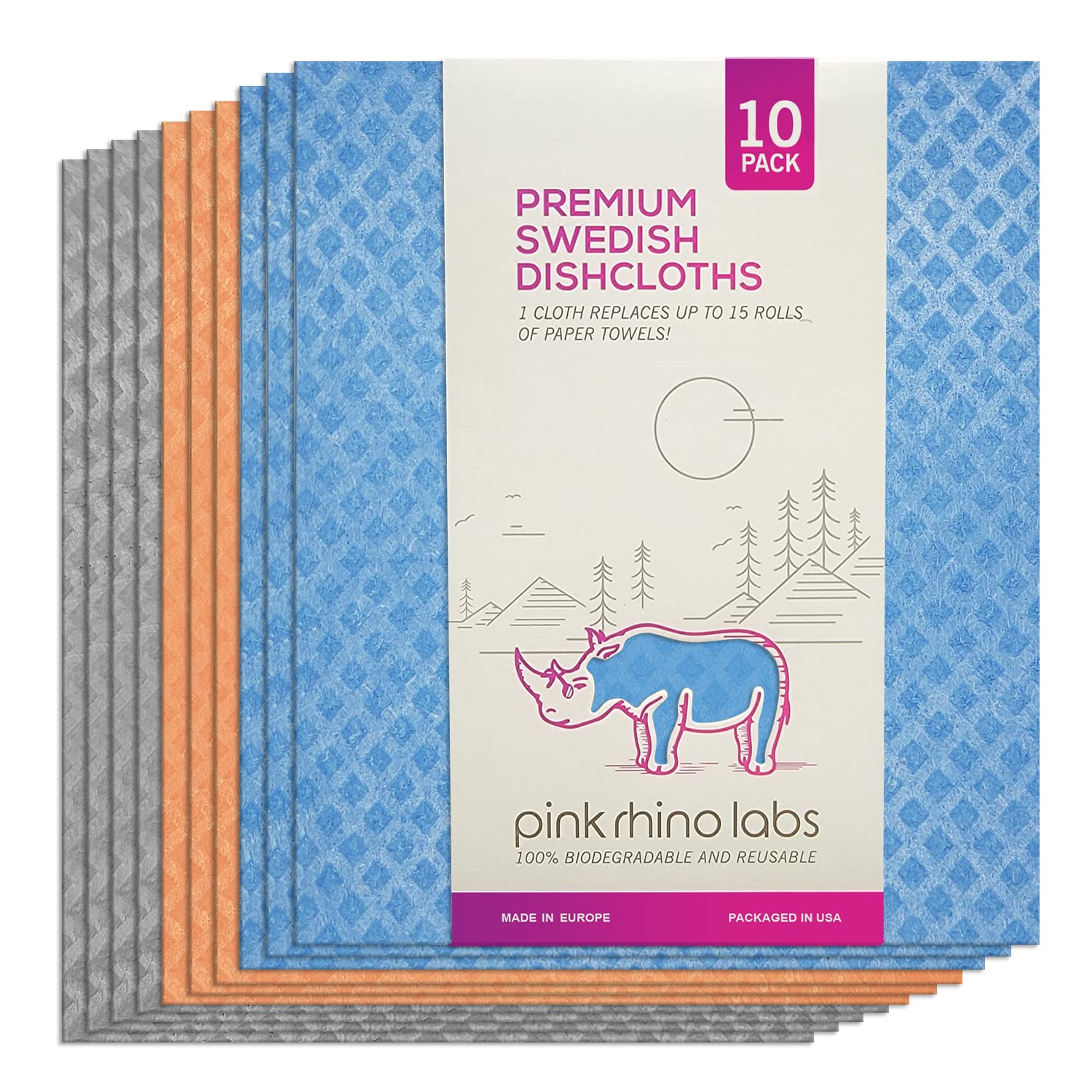 Reusable Swedish Dishcloths 10 Pack - Eco-Friendly Kitchen Towels for Cleaning & Drying Dishes - Pink Rhino Labs