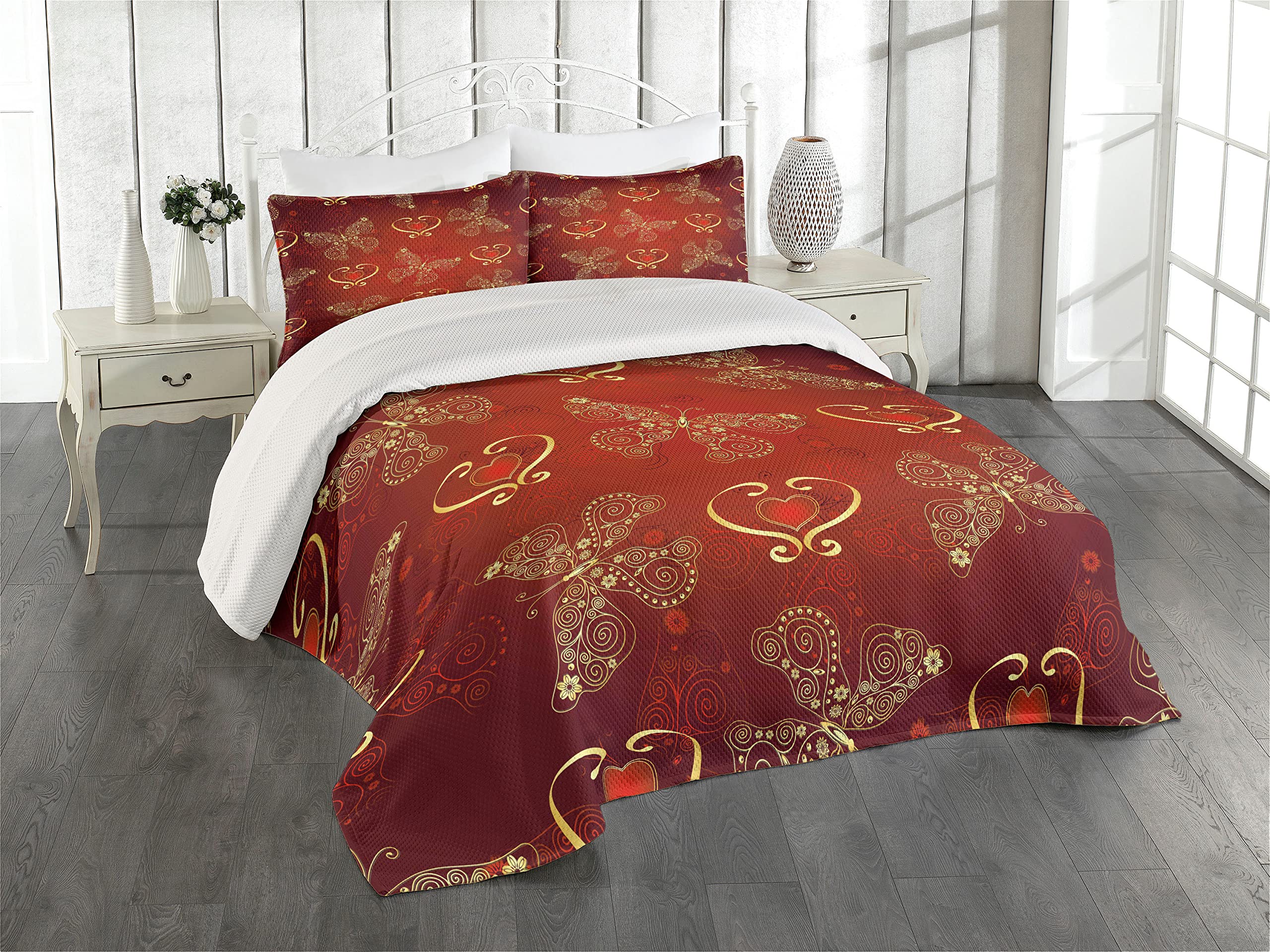 Lunarable Maroon King Size Coverlet Set - Romantic Swirled Lines, Ornate Lace Style with Butterflies & Hearts - 3-Piece Quilted Bedspread Set Includes 2 Pillow Shams in Yellow Vermilion - Perfect for Valentine's Day, Master Bedroom Decor & Cozy Home Styling