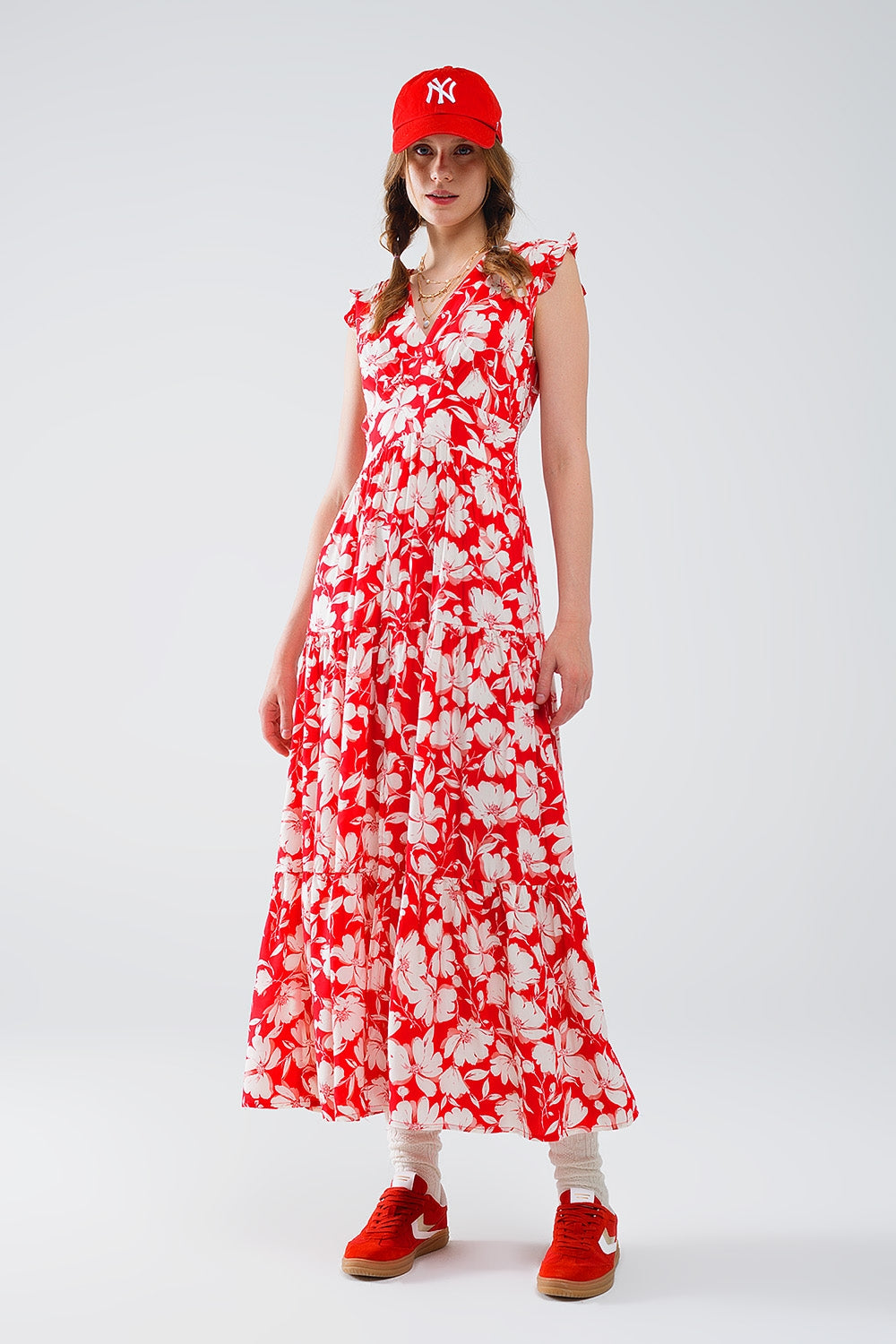 Elegant Long Red Floral Print V-Neck Robe - Perfect for Spa, Lounging & Relaxation at Home