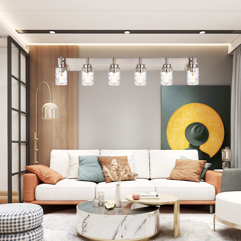 BONLICHT Mid-Century Modern Bathroom Vanity Wall Light - 6-Light Farmhouse Sconce with Clear Water Glass Shade, Brushed Nickel Finish - Perfect for Bathroom Mirror Lighting, Dining Room Wall Decor & Dressing Table Illumination