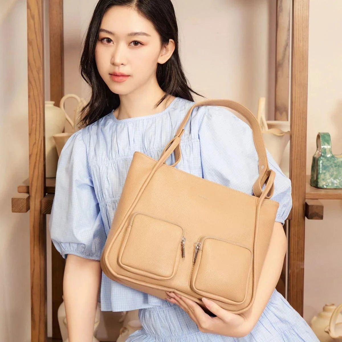 Cathy Vegan Leather Tote Bag for Women - Stylish Latte Pebbled Texture Handbag | Perfect for Work, Travel & Everyday Use