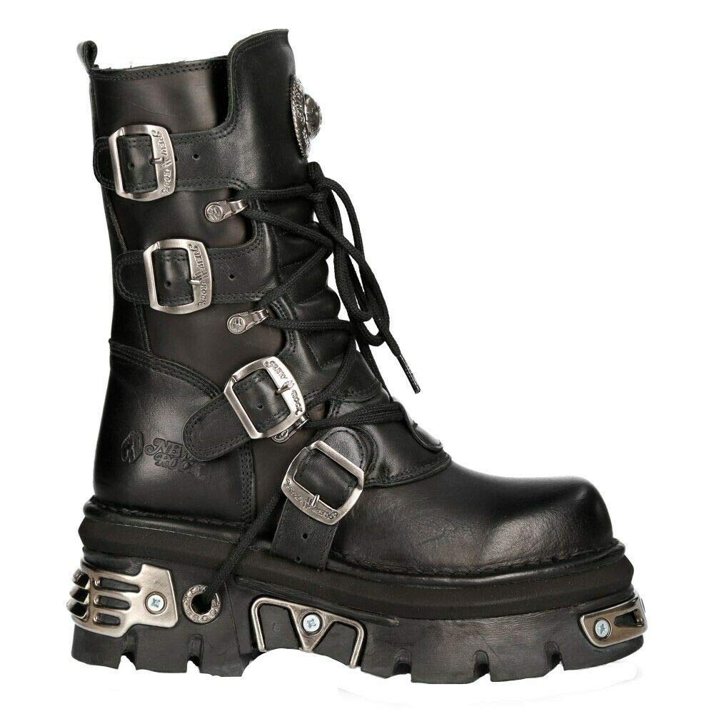 New Rock Unisex M.373-S4 Metallic Black 100% Leather Goth Biker Emo Fashion Reactor Boots - Perfect for Alternative Fashion, Motorcycle Riding & Nightlife