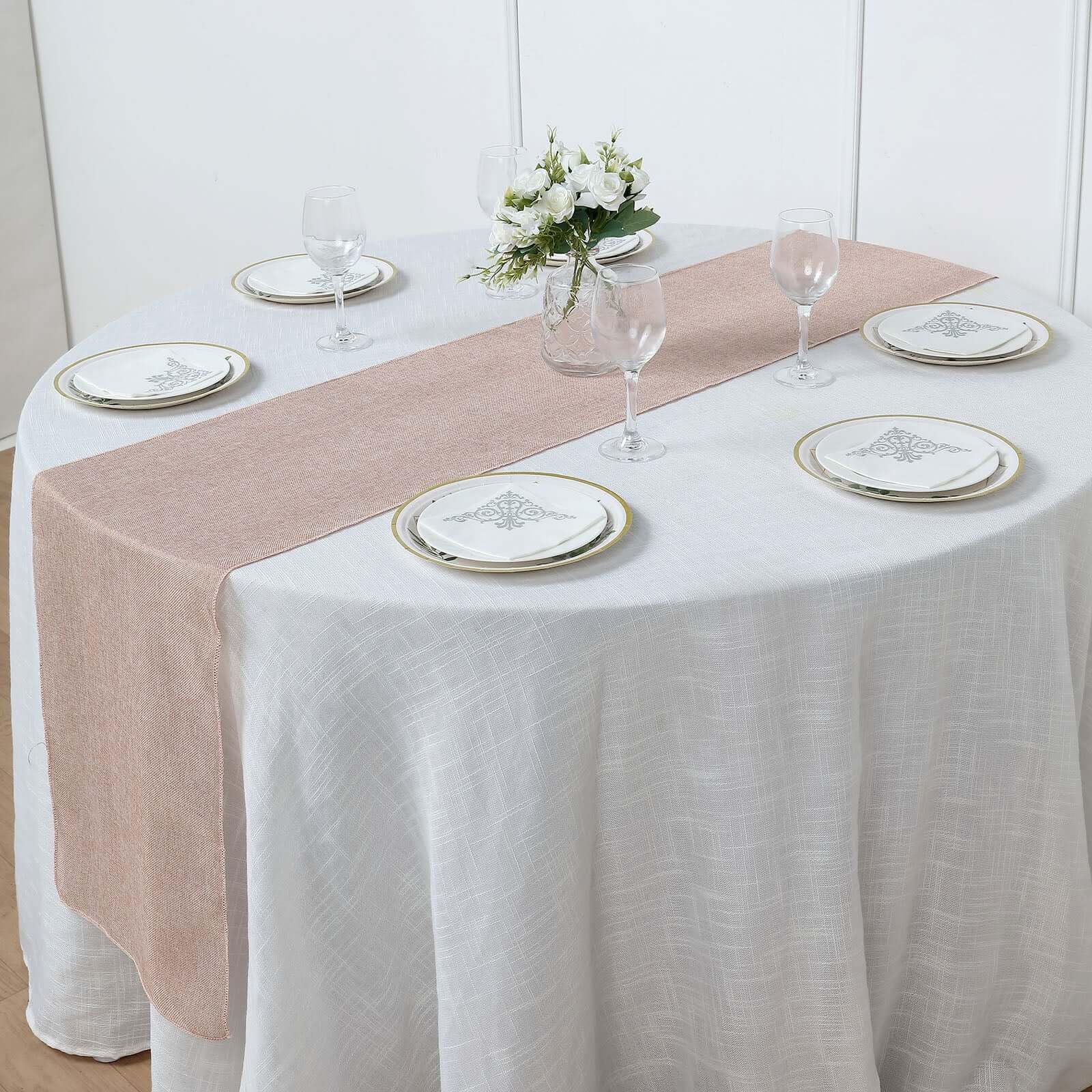 Efavormart 14x108 Inch Dusty Rose Table Runner - Boho Chic Rustic Linen Jute Burlap Decor for Wedding, Farmhouse, and Dining Table Decoration