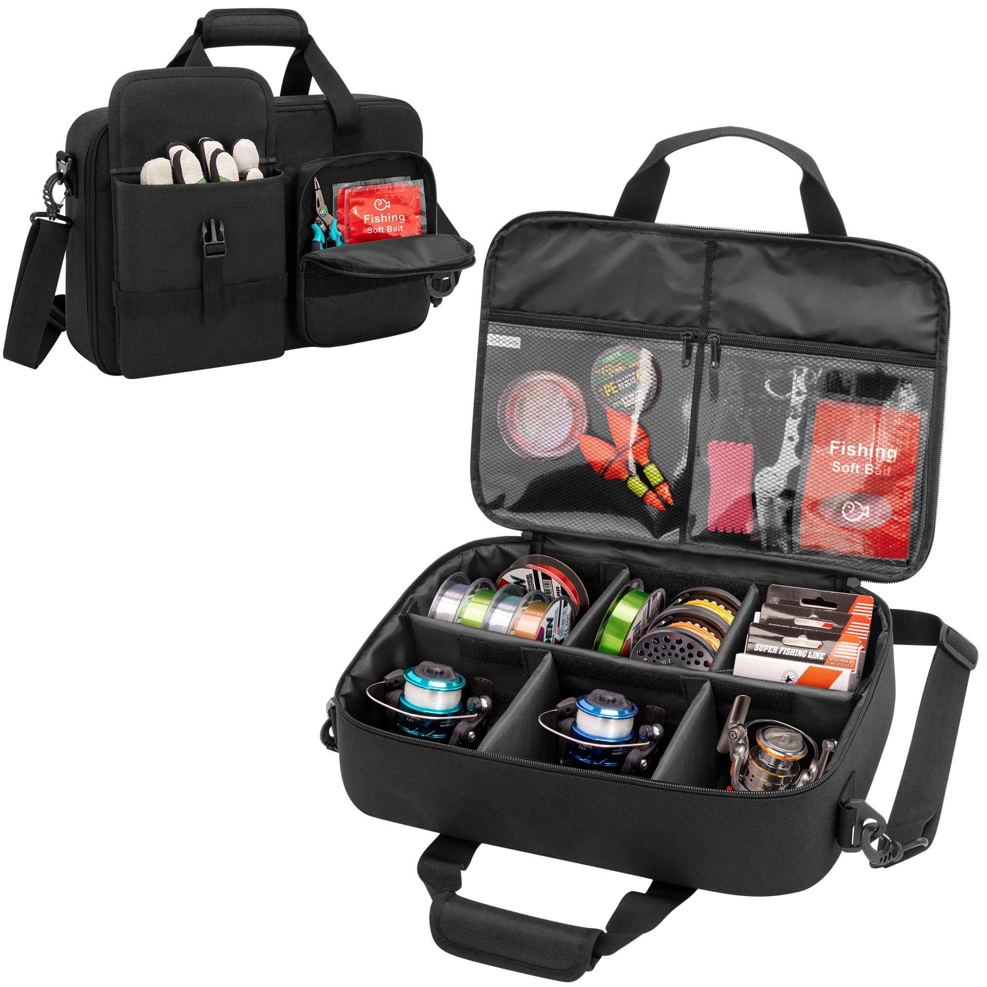 Rexmica Fishing Reel Storage Case - Waterproof Protective Bag for Spinning Reels, Fly Reels & Baitcasters with Multiple Pockets & Dividers | Fishing Gear Accessories Organizer (Black) | Perfect for Saltwater, Freshwater & Travel Fishing Trips