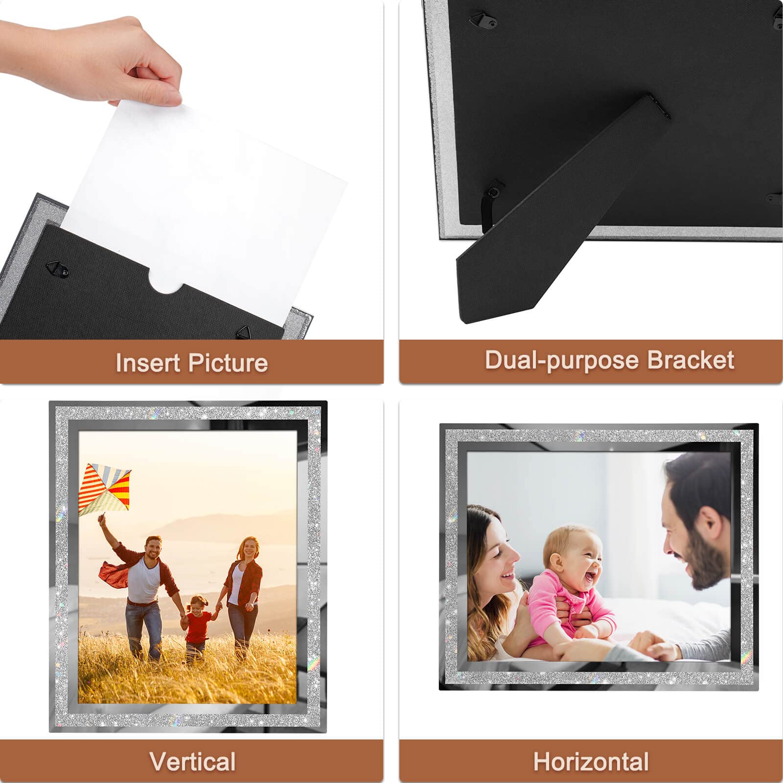 IZIDDO 8x10 Glitter Photo Frames Set of 2 - Silver Glass Tabletop Display for Graduation Gifts & Home Decor