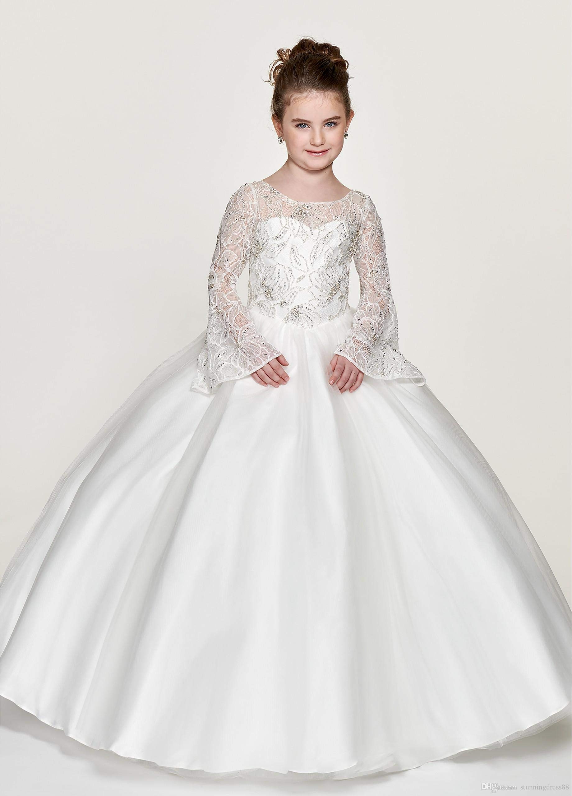 Girl's Tulle Flower Girl Dress with Lace Long Sleeves - Elegant Christmas & Birthday Party Dresses for Weddings, Pageants & Special Occasions