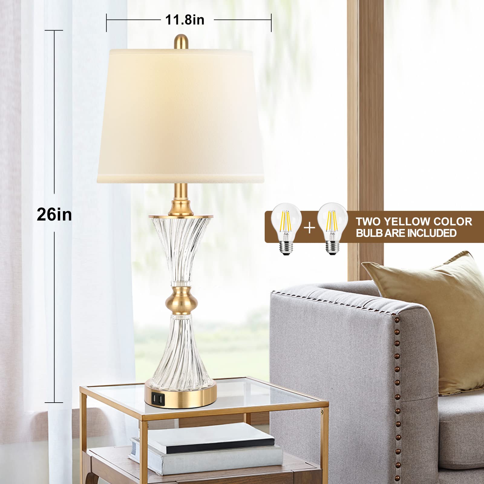 Modern Touch Table Lamps Set of 2 - 3-Way Dimmable Gold Glass Bedside Lamps with USB Charging Ports (2 Bulbs Included) for Bedroom, Living Room & Nightstand - Perfect for Reading, Relaxing and Charging Devices