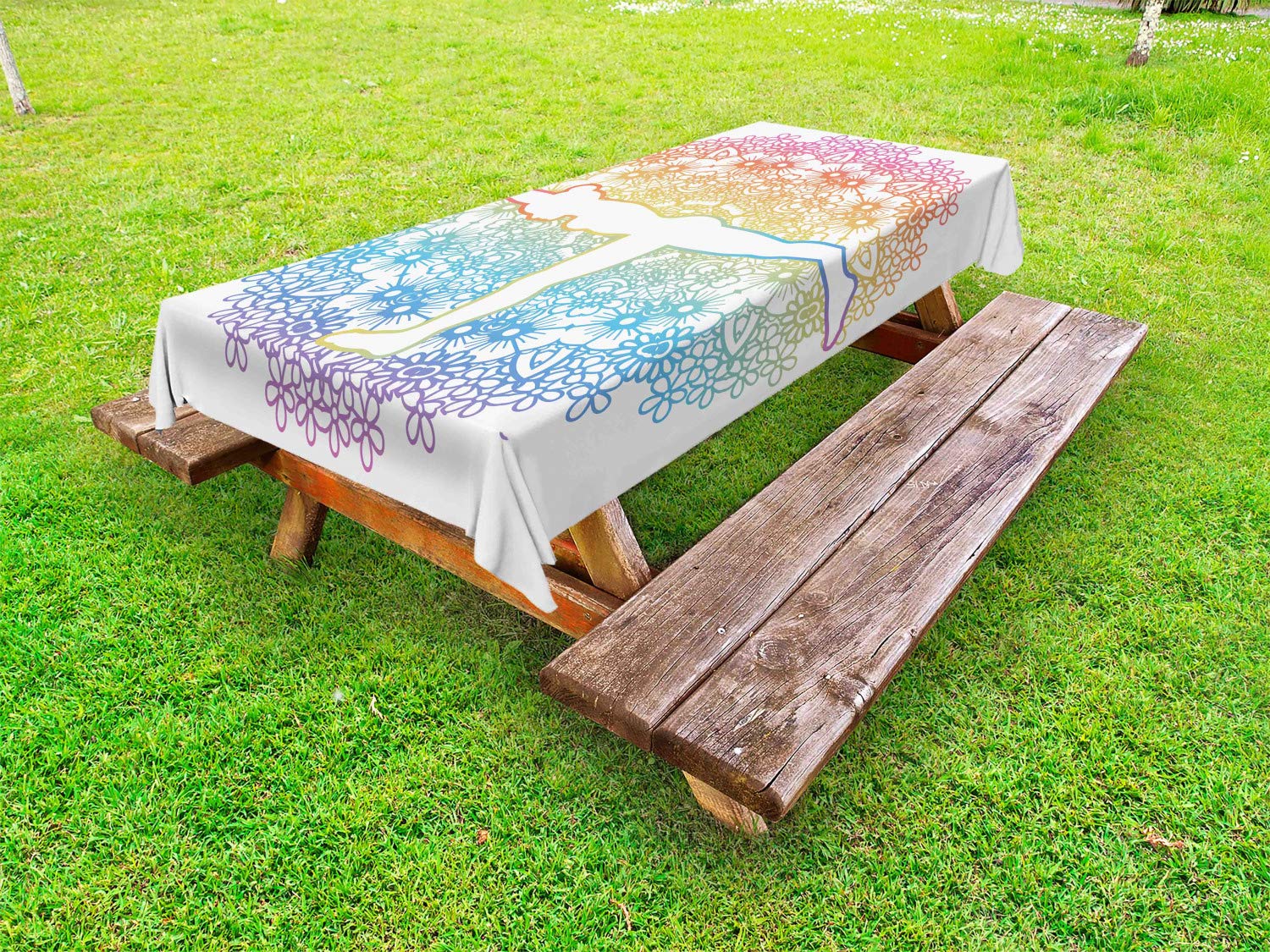 Ambesonne Yoga Outdoor Tablecloth - Mandala Floral Design with Warrior 3 Pose - Washable Picnic Table Cover 58x84 Inches - Perfect for Yoga Studios, Outdoor Picnics & Boho Home Decor