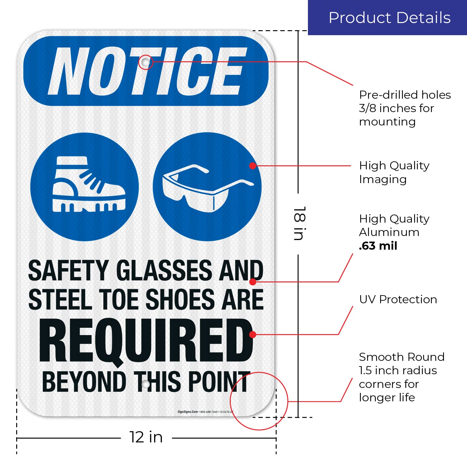 OSHA Safety Sign - 'Safety Glasses & Steel Toe Shoes Required Beyond This Point' - 12x18 Inches, 3M EGP Reflective .063 Aluminum, Fade Resistant - Indoor/Outdoor Use - Made in USA - Perfect for Construction Sites, Factories & Industrial Areas
