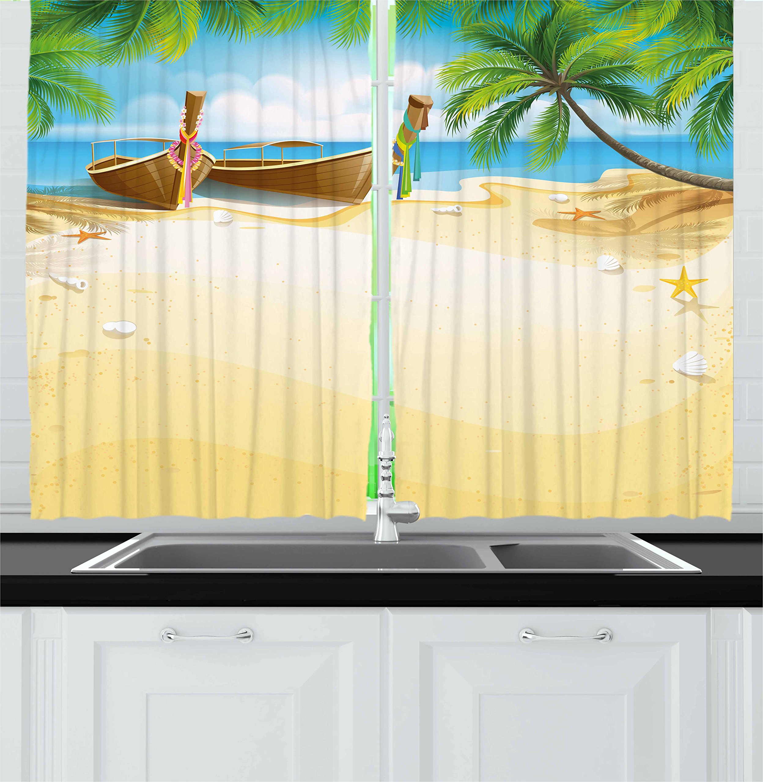Ambesonne Tropical Beach Kitchen Curtains Set of 2 - Coconut Tree & Boat Coastal Design for Relaxing Kitchen & Cafe Decor, 55