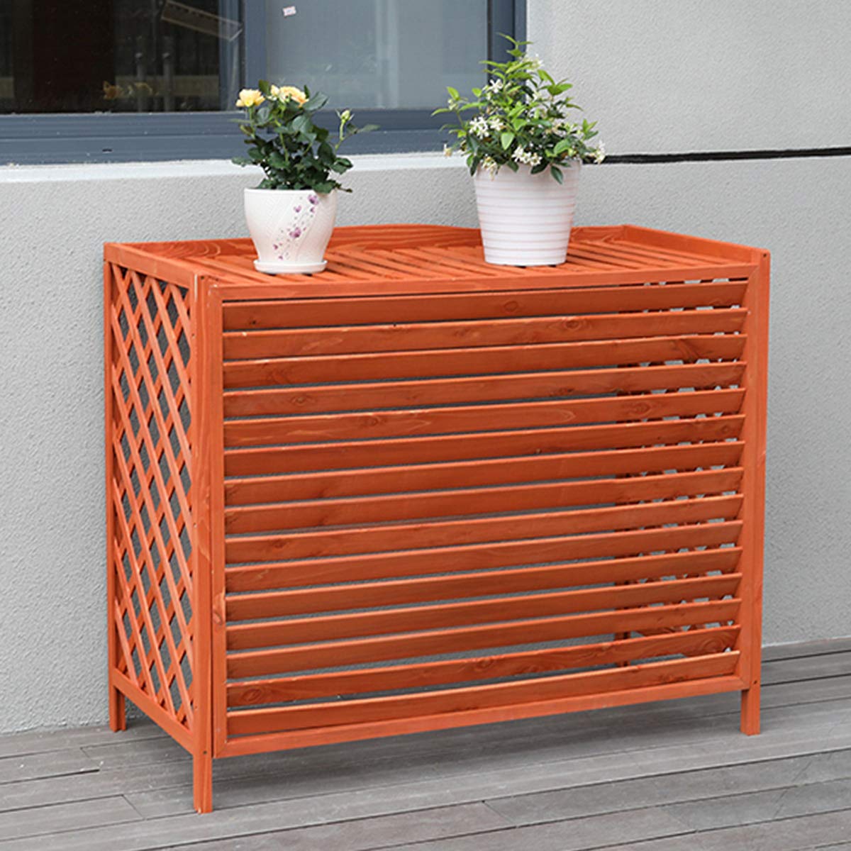 Solid Wood Air Conditioner Frame - Durable Outdoor Balcony AC Rack with Decorative Flower Blinds | Wooden Protective Cover & Shelf for Window AC Units - Perfect for Home, Apartment and Office Decoration