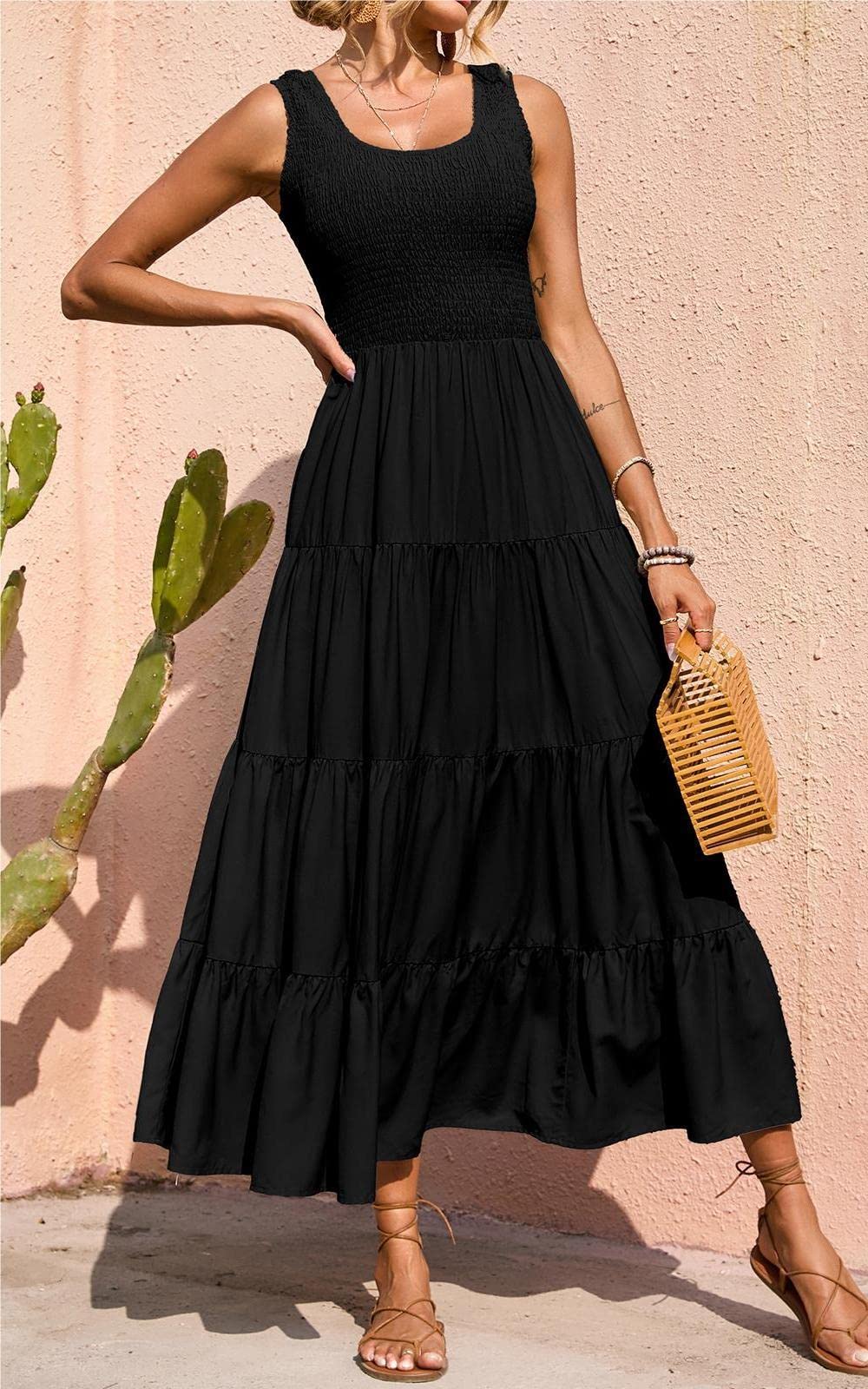 PRETTYGARDEN Women's Casual Loose Plain Maxi Sundress - Smocked Tank Dress Sleeveless Summer Beach Tiered Long Dress for Vacation, Pool Party & Outdoor Activities