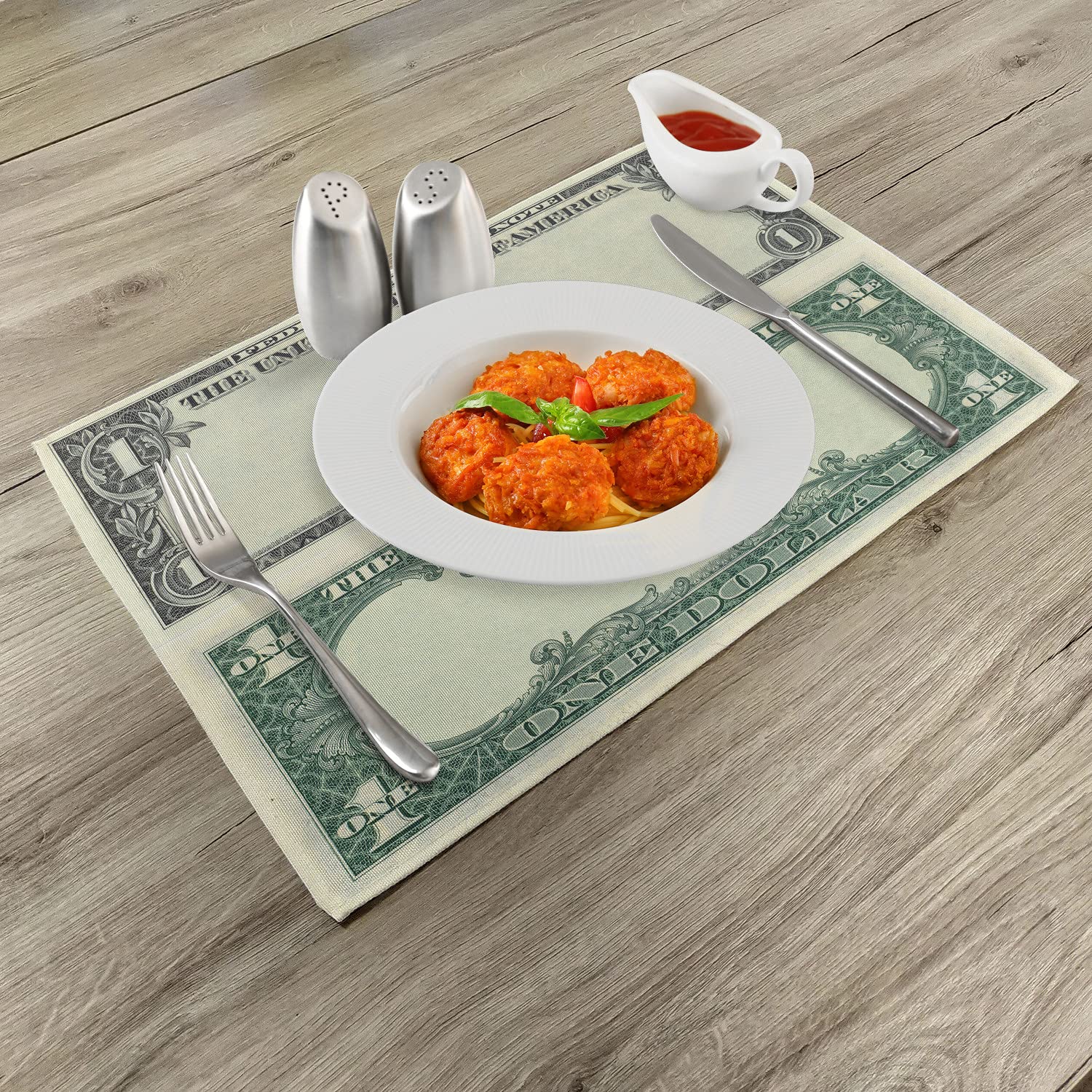 Ambesonne 4-Pack Money Design Place Mats - Dollar Bill Buck American Federal Reserve Note Pattern, Washable Fabric Table Mats for Dining Room & Kitchen Decor in Pale Green Grey - Perfect for Parties, Themed Events & Home Styling