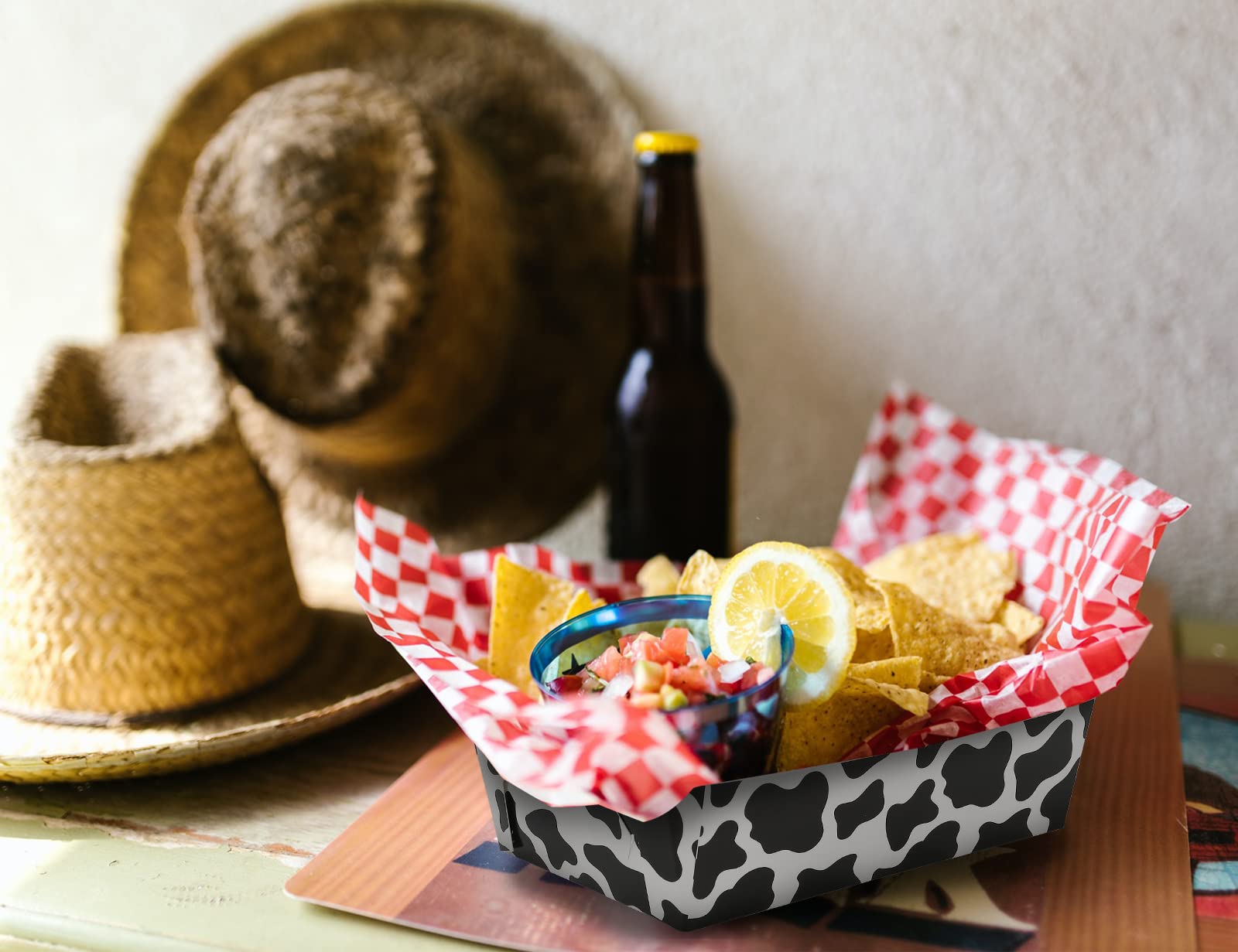50 Packs Black and White Cow Print Paper Food Trays - Disposable Nacho, Hot Dog & Party Snack Trays for Birthday, BBQ, Picnic & Farm Theme Events
