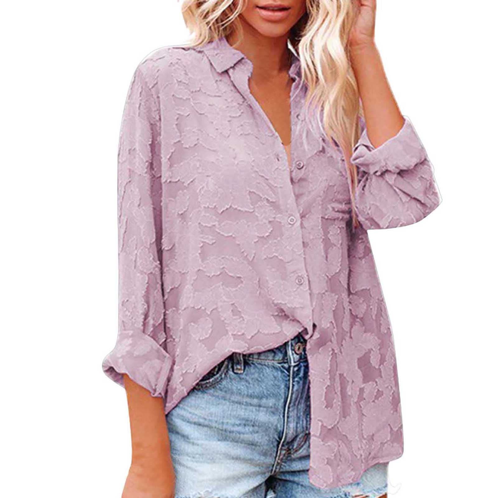 Women's Casual Long Sleeve Chiffon Button-Down Shirt - Solid Color Lapel Blouse for Everyday Wear | Office, Date Night & Spring Outfits