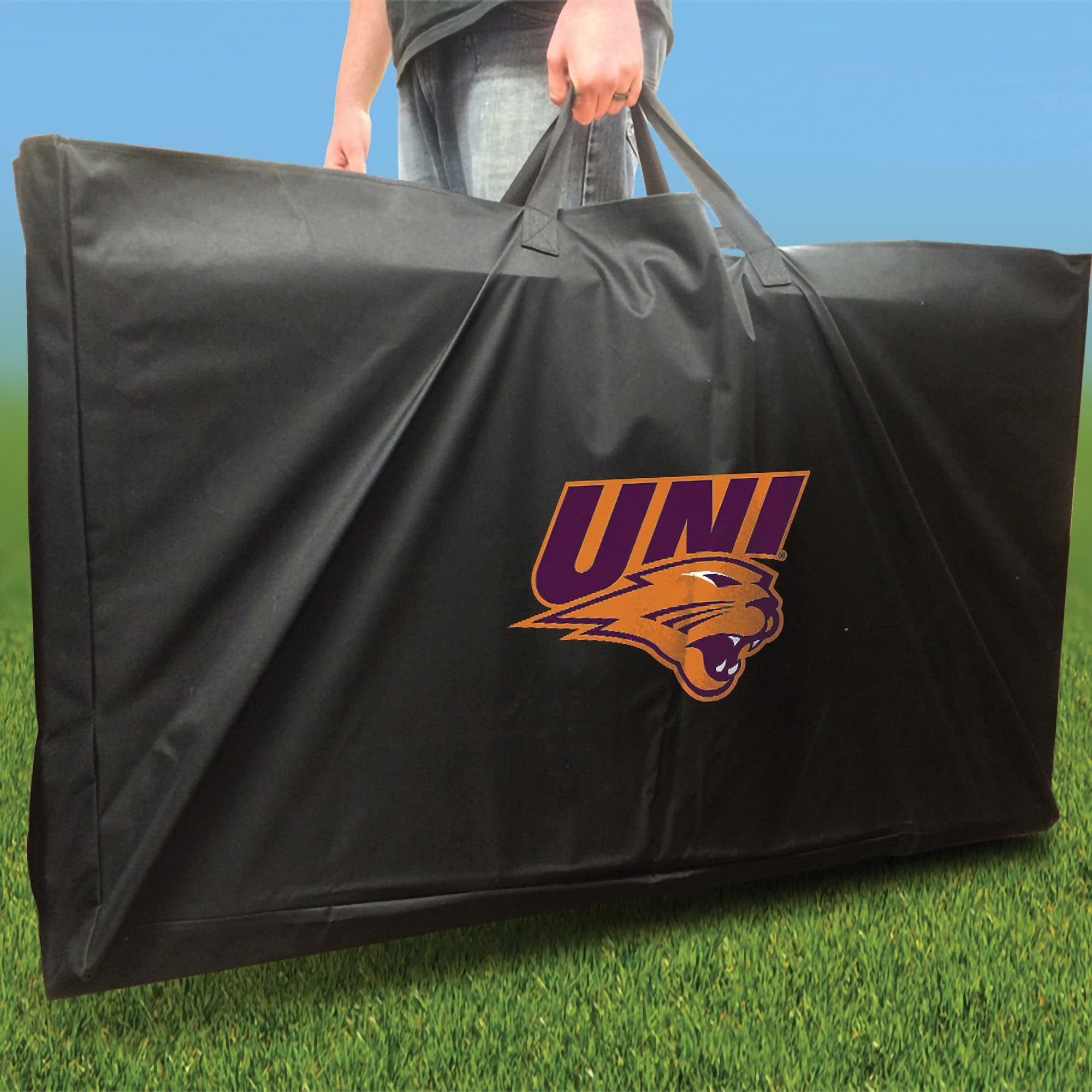 Premium Northern Iowa Stained Striped Cornhole Boards Set - 2 Boards & 8 Custom Team Logo Bags | Outdoor Lawn Games, Tailgate Parties, Backyard BBQ Entertainment