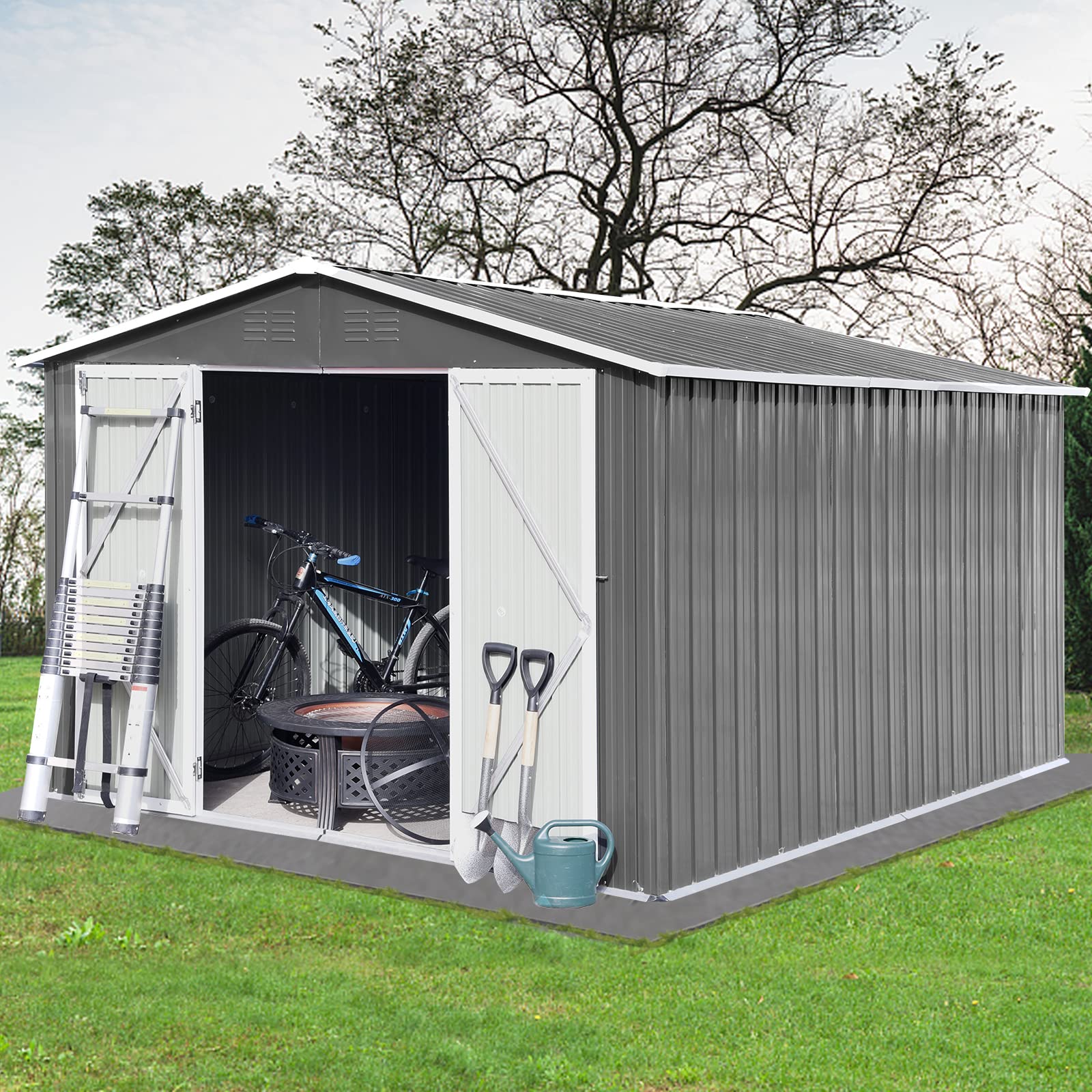 DHPM 8x10FT Metal Outdoor Storage Shed - Lockable Steel Garden Shed with Anti-Corrosion Coating | Perfect for Backyard, Patio, Bike Storage & Trash Can Organization (Dark Grey)