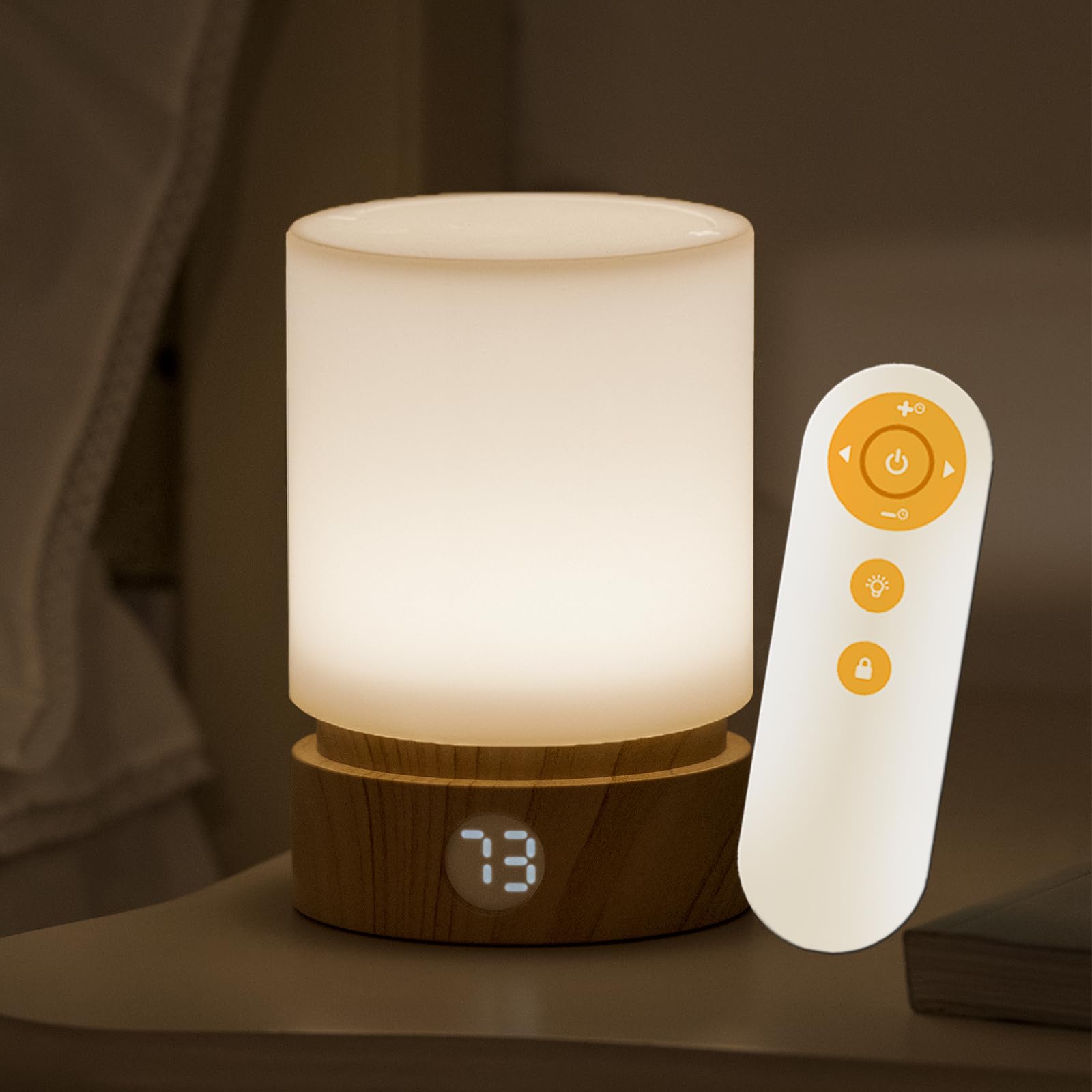 Smilodon Woodgrain LED Touch Bedside Lamp with Timer & Remote Control - Battery Powered Night Light for Kids Bedroom, Nursery & Reading Corner