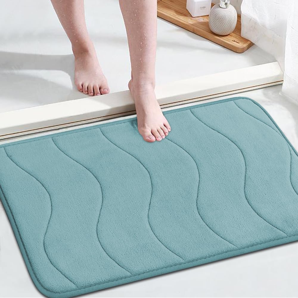 Premium Flamingo Print Memory Foam Bath Mat - Non-Slip Shower Rug for Bathroom (24x36 Inches, Aqua Green) | Soft & Absorbent Floor Mat for Shower, Bathtub & Vanity Area